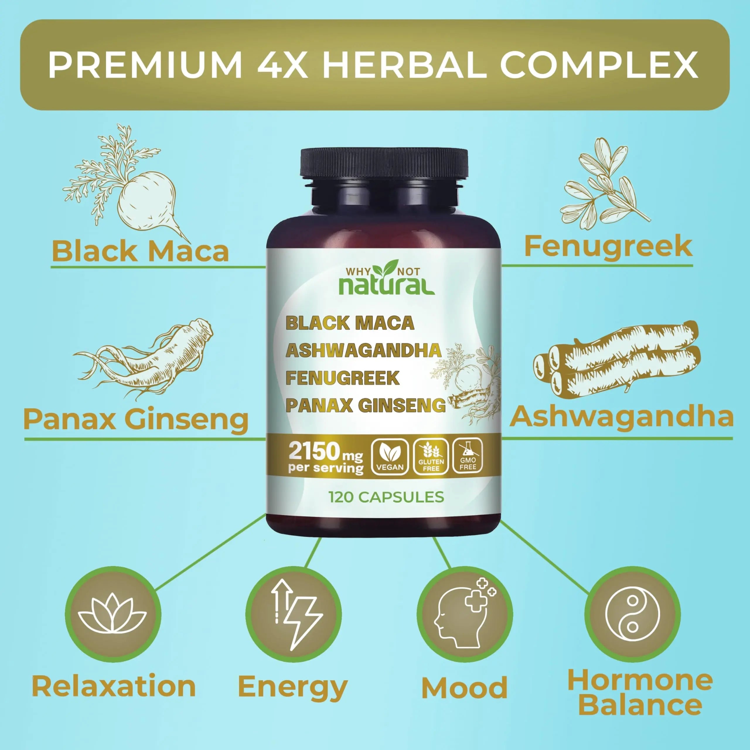 Why Not Natural 4-in-1 Organic Black Maca Root, Ashwagandha, Fenugreek, Panax Ginseng Capsules, Supplement for Men and Women (120 Count (Pack of 1) Why Not Natural Au supplements