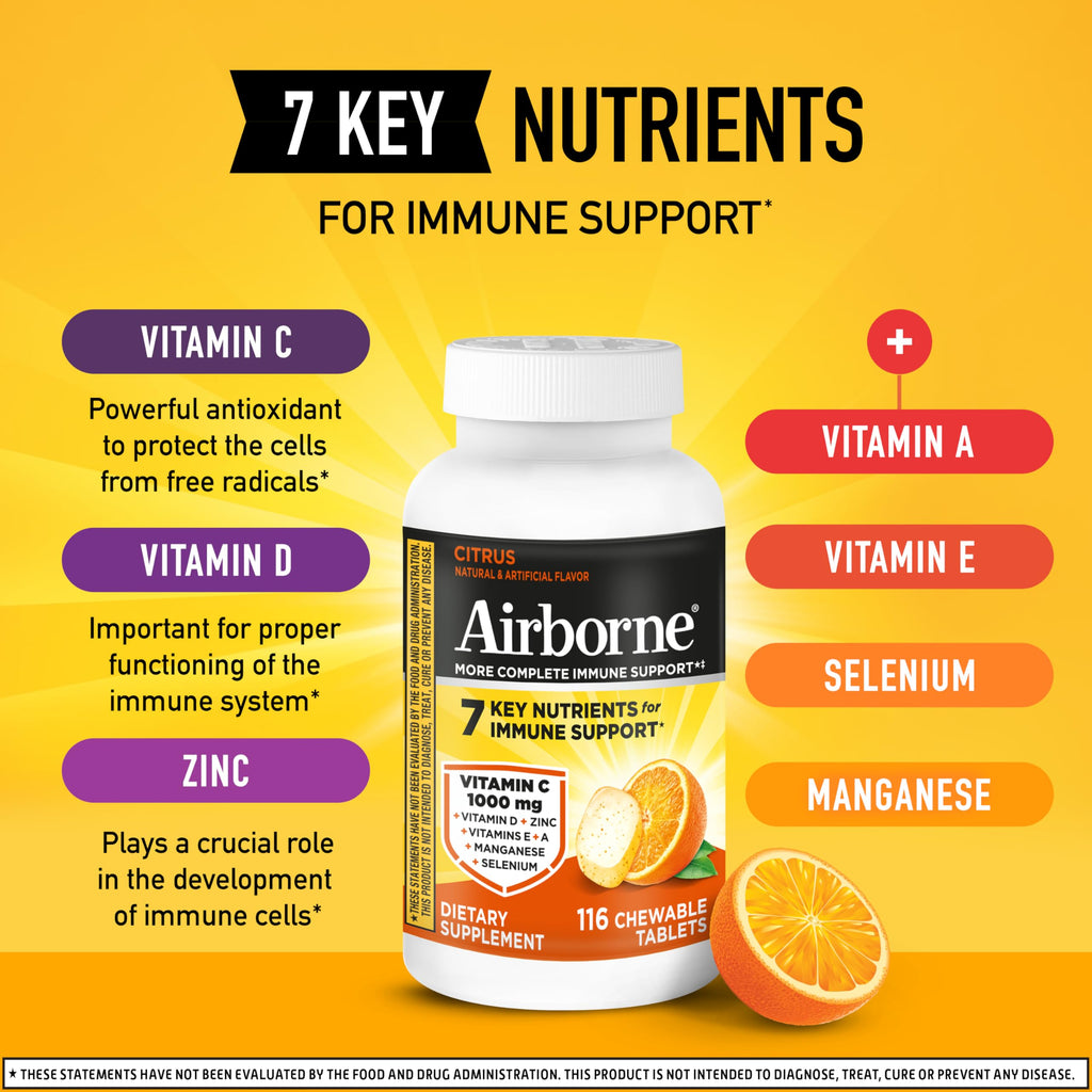 Airborne Vitamin C 1000mg (per Serving) - Citrus Chewable Tablets (116 Count in a Bottle), Gluten-Free Immune Support Supplement, with Vitamins A C E, Zinc, Selenium
