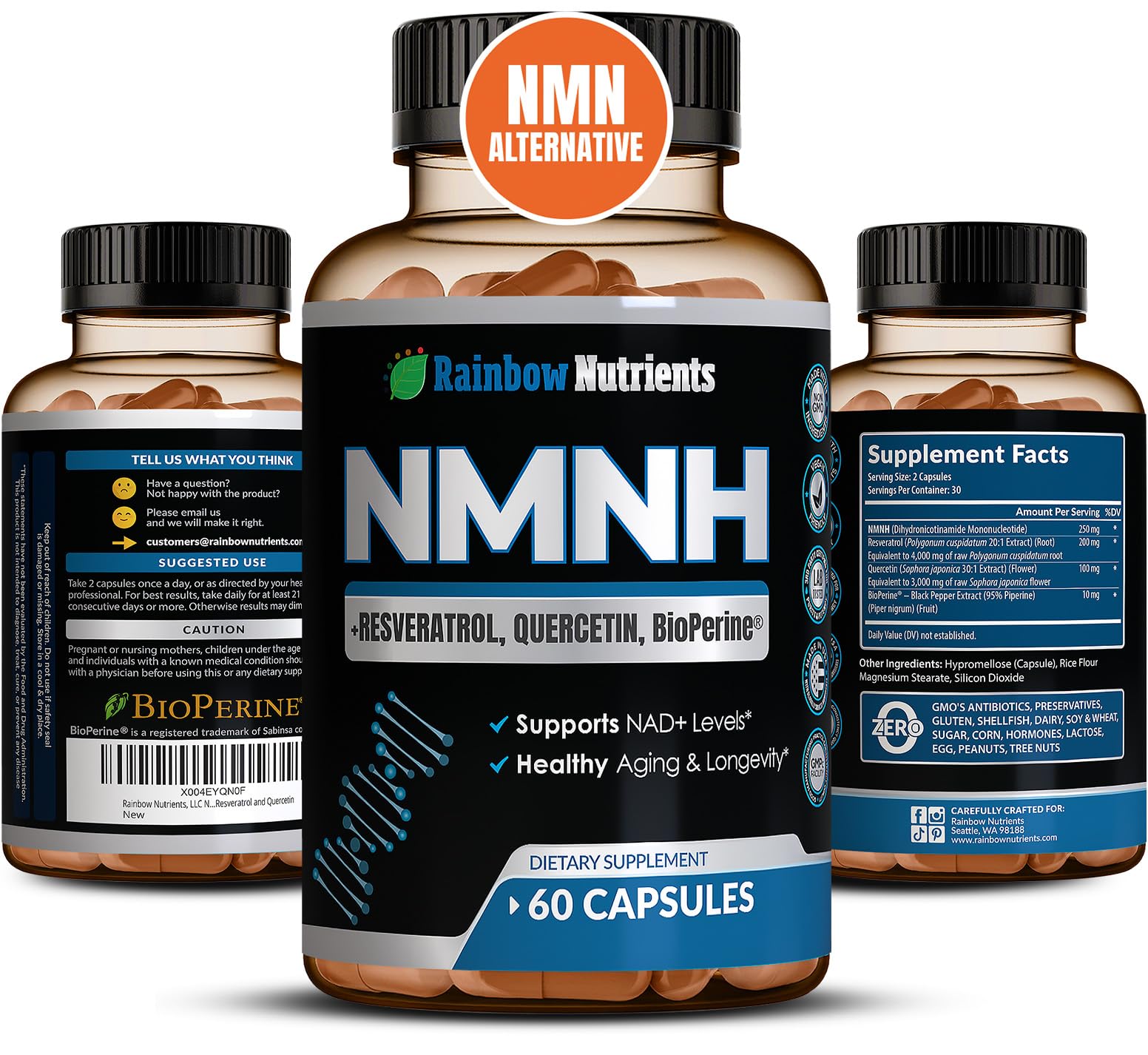 NMNH Supplement (NMN Alternative) NAD Booster for Anti-Aging, Cellular Energy & Nice Skin- Dihydronicotinamide mononucleotide, Resveratrol, Quercetin & BioPerine® for Max Absorption- 60 caps Rainbow Nutrients, LLC Au supplements