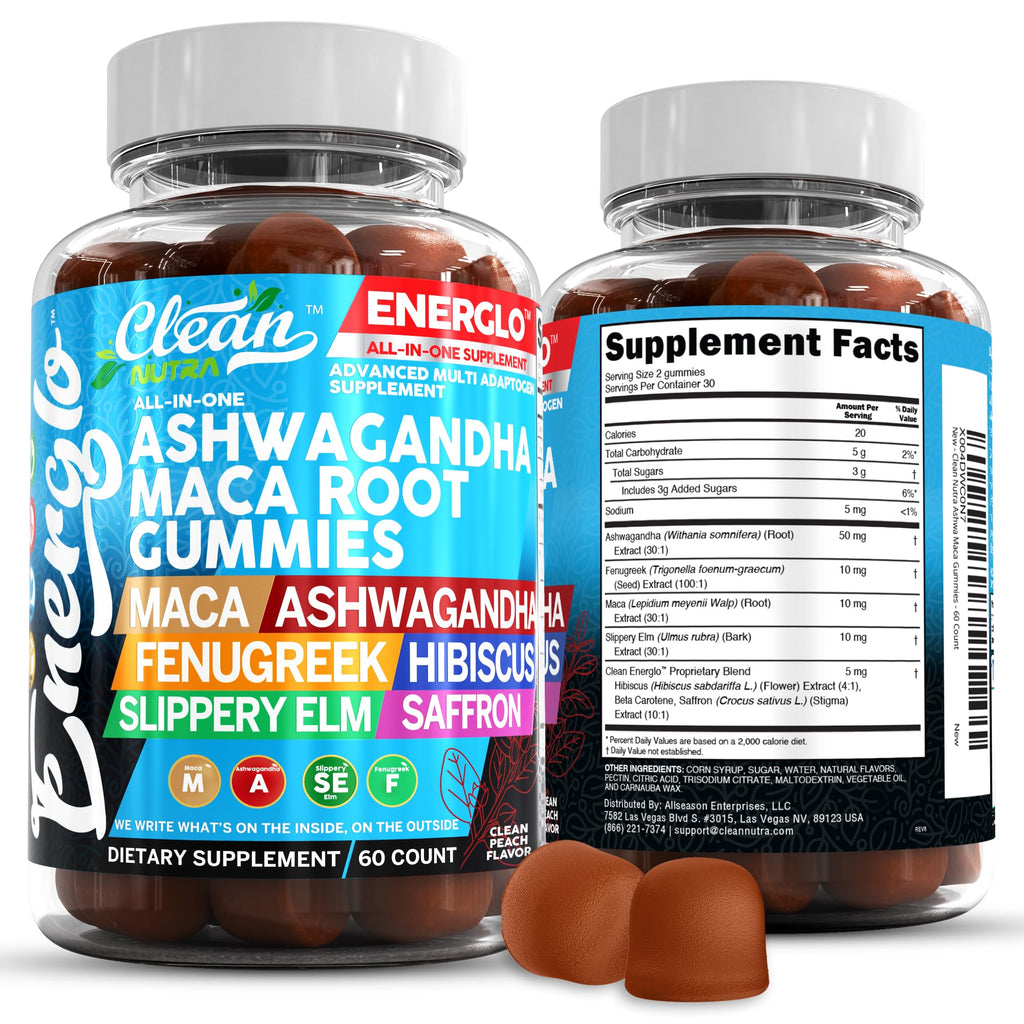 Ashwagandha Maca Root Gummies with Fenugreek Hibiscus Slippery Elm Saffron Extract & Beta Carotene | Peach Flavor Vegan Gummy Vitamins Adaptogen Cortisol Supplement Energlo by Clean Nutra Clean Nutraceuticals Au supplements