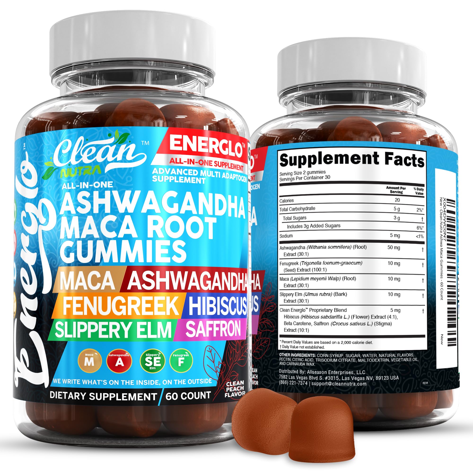 Ashwagandha Maca Root Gummies with Fenugreek Hibiscus Slippery Elm Saffron Extract & Beta Carotene | Peach Flavor Vegan Gummy Vitamins Adaptogen Cortisol Supplement Energlo by Clean Nutra Clean Nutraceuticals Au supplements