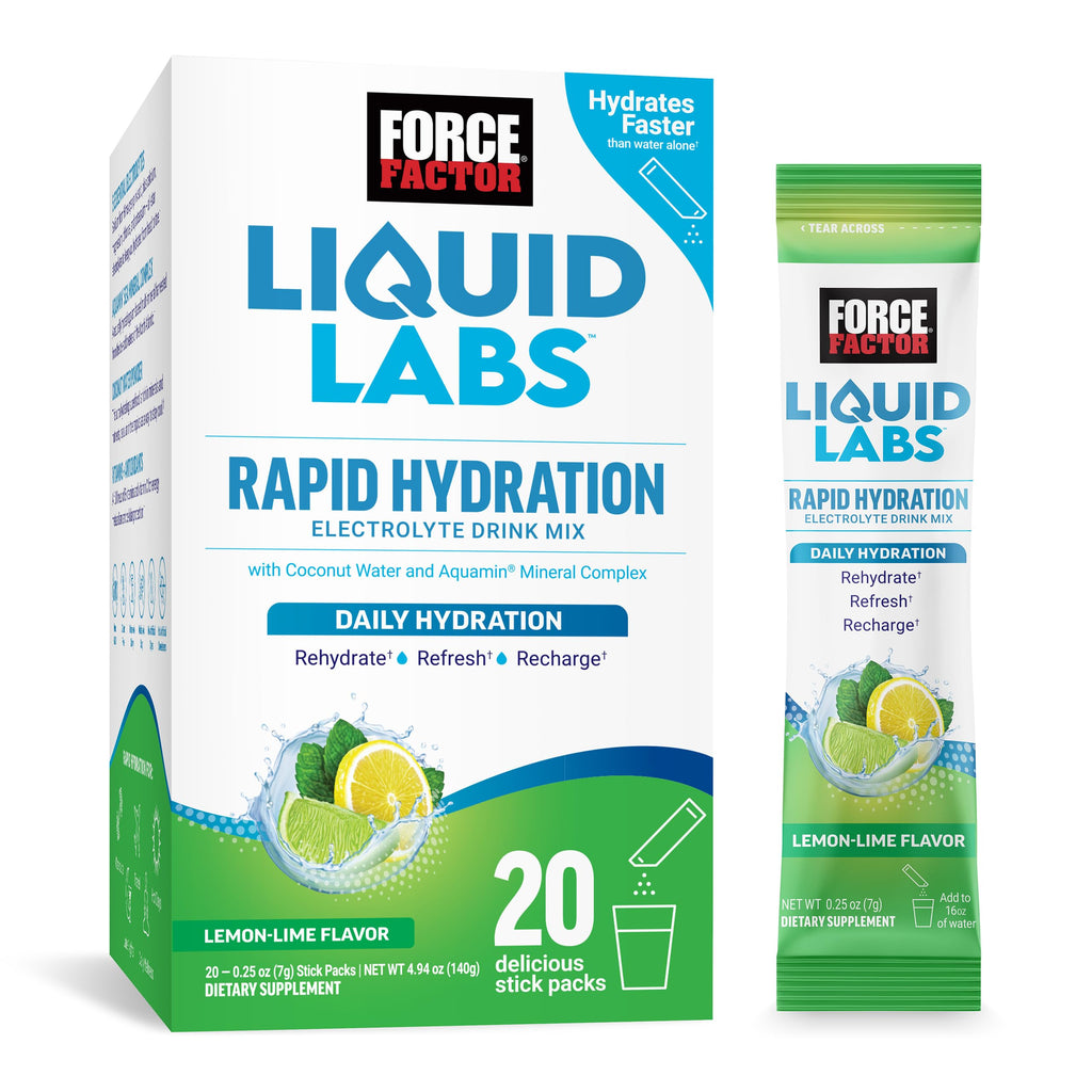 Force Factor Liquid Labs Electrolytes Powder Packets—Lemon Lime—Hydration Packets to Make Electrolyte Water with 5 Essential Electrolytes, Vitamins, Minerals
