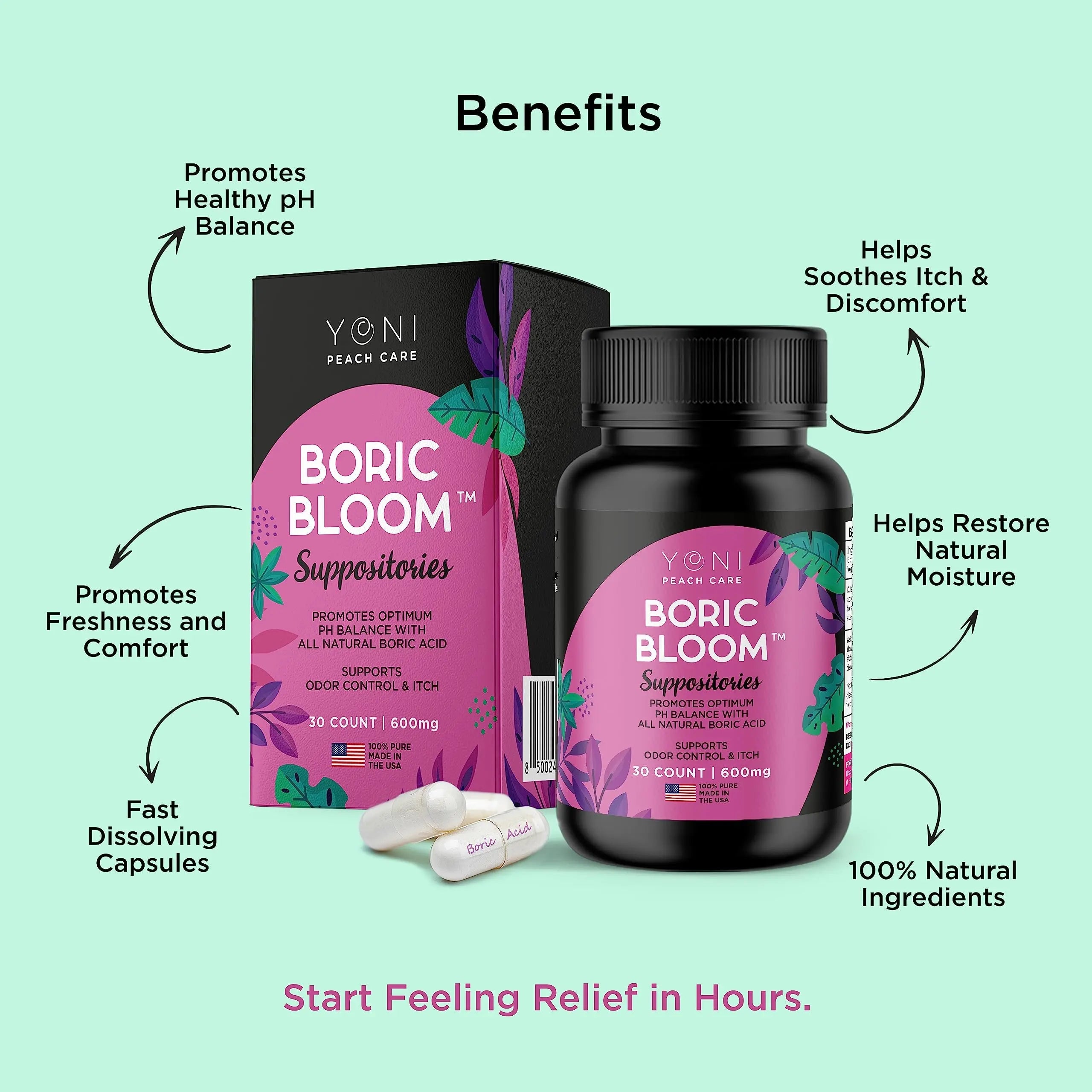 Boric Acid Suppositories - Vaginial Suppository Bacterial Vaginosis, pH Balance for Women Pills Yoni Peach Care Au supplements