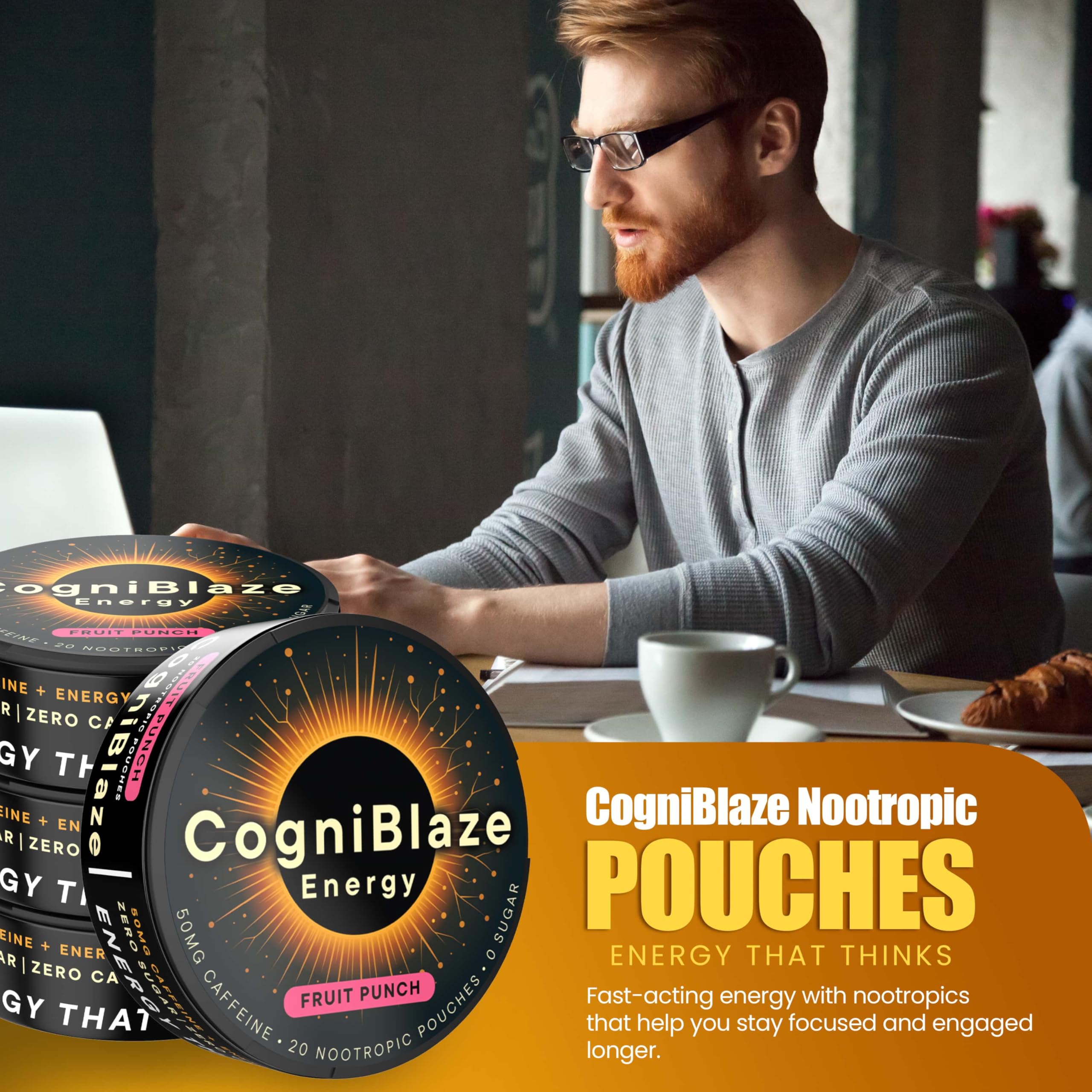 CogniBlaze Caffeine Pouches (Fruit Punch) | Nootropic Energy Pouches with 50mg Caffeine, Alpha GPC, L-Tyrosine & L-Theanine | Zero Sugar | No Artificial Sweeteners | 4 Pack (80 Total) CogniBlaze Au supplements