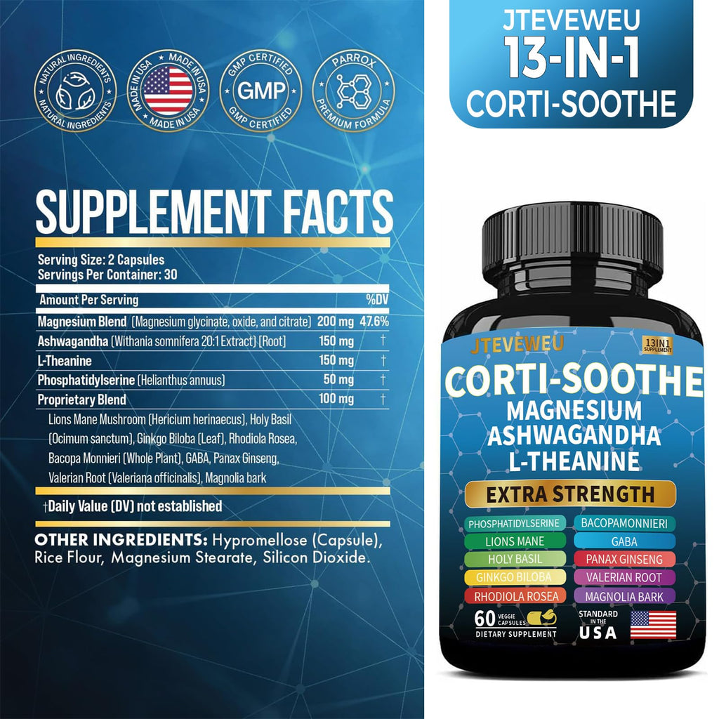 Corti-Soothe Cortisol Supplement for Women and Men with Magnesium Glycinate 200mg, L-Theanine 150mg, Phosphatidylserine 50mg & Manager Holy Basil Ginkgo Biloba Bacopa Monnieri Valerian 60 Capsules JTEVEweu Au supplements