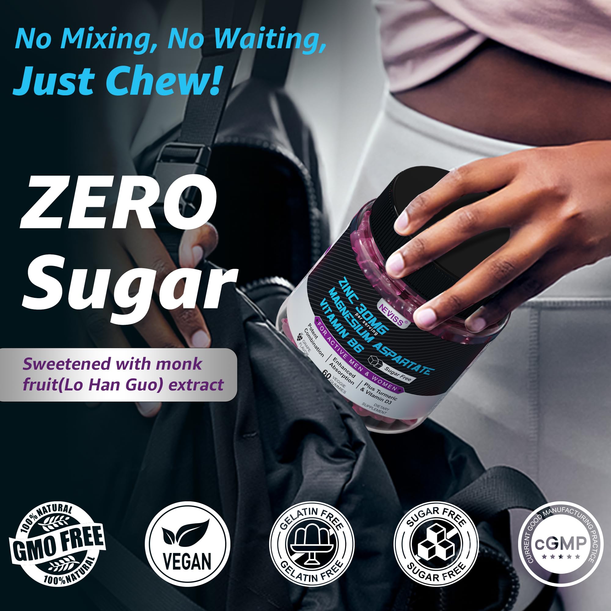 Zinc and Magnesium Supplement, Zinc Magnesium Aspartate Post Workout Gummies for Men Women, with Vitamin B6, B12, D3, Turmeric for Nighttime Recovery, Reduce Fatigue