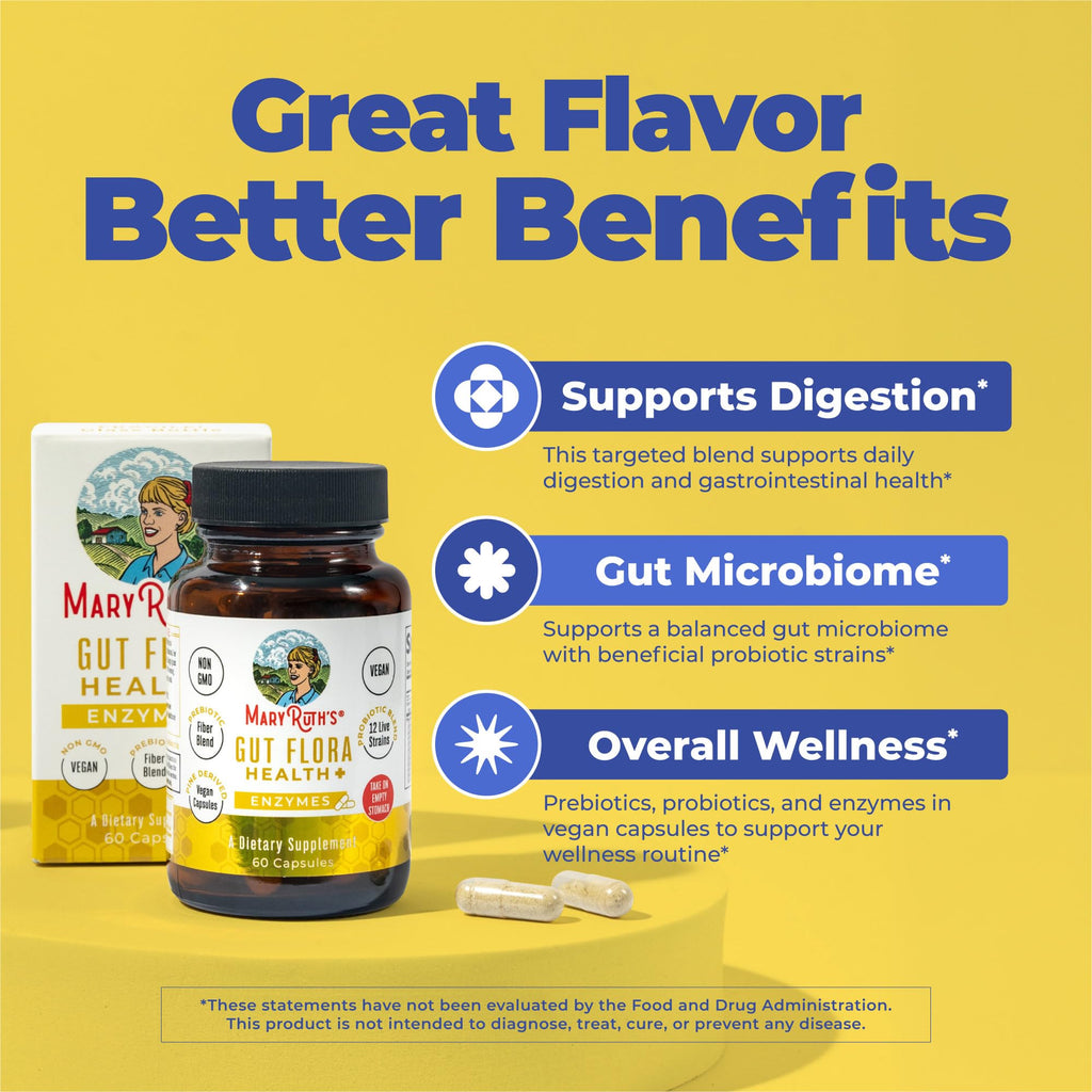 MaryRuth’s Gut Flora Health+ Enzymes | Prebiotic & Probiotic Digestive Enzymes for Healthy Gut Biome & Digestive Support | Gastrointestinal Health | CLP Certified