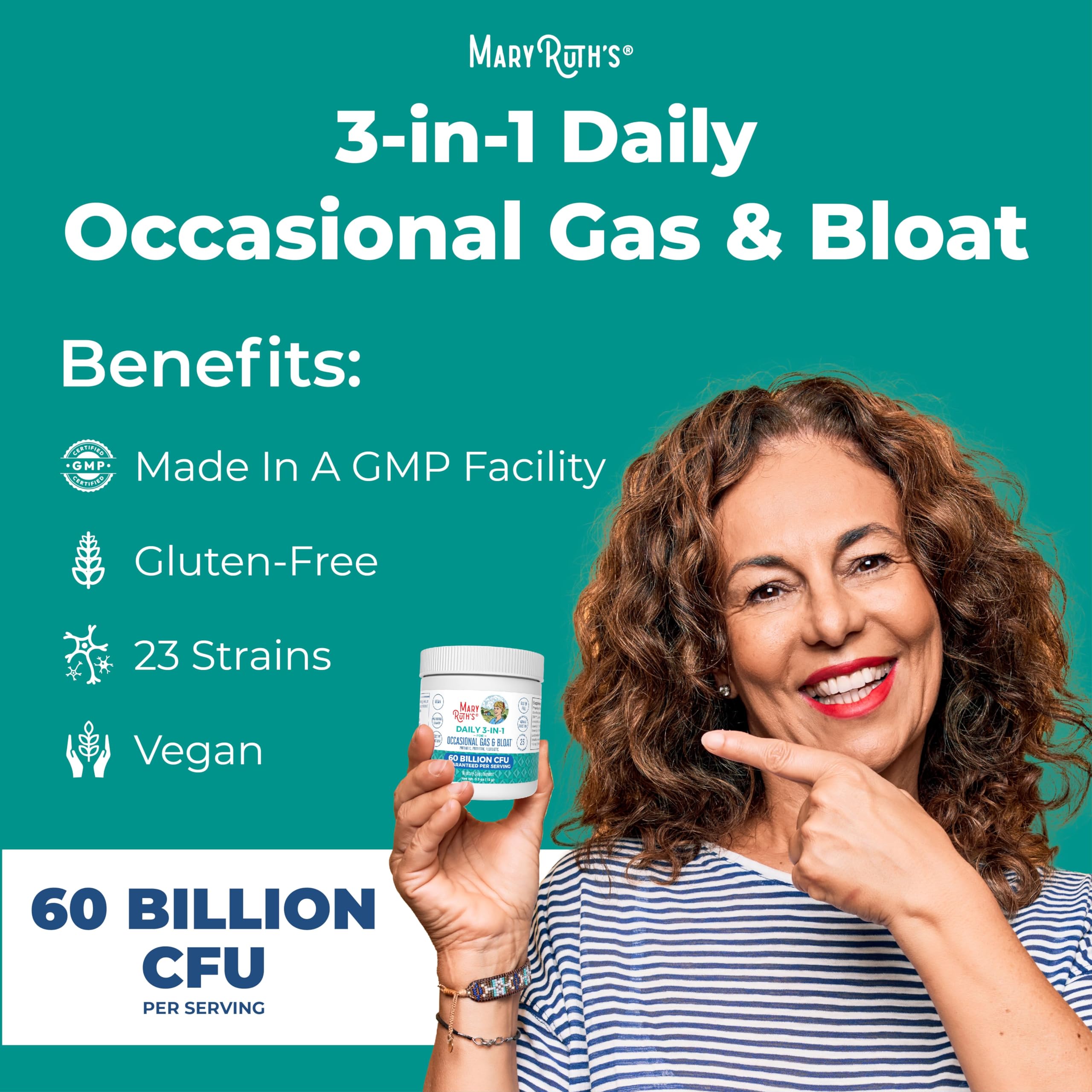MARYRUTH'S 3-in-1 Gas & Bloat Probiotic Powder | Probiotics for Normal Digestive Function | Probiotics for Women & Men | Prebiotics & Postbiotics | 60 Billion CFU | 23 Unique Strains | 0.5 oz MARYRUTH'S Au supplements
