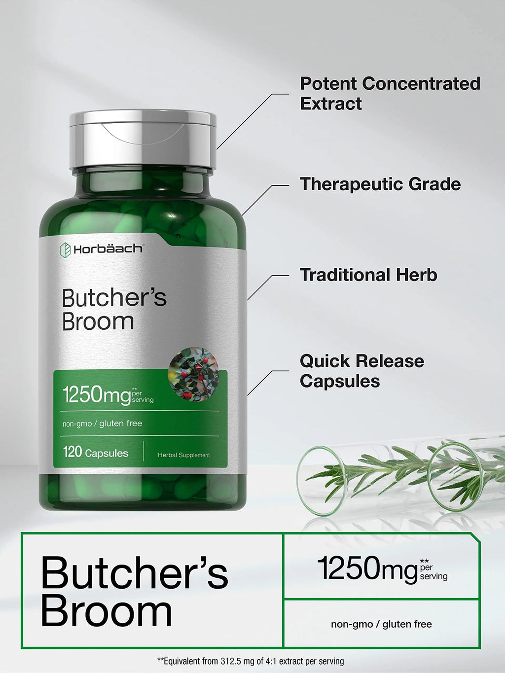 Butchers Broom Capsules 1250mg | 120 Count | Non-GMO, Gluten Free | Traditional Herb Horbäach Au supplements