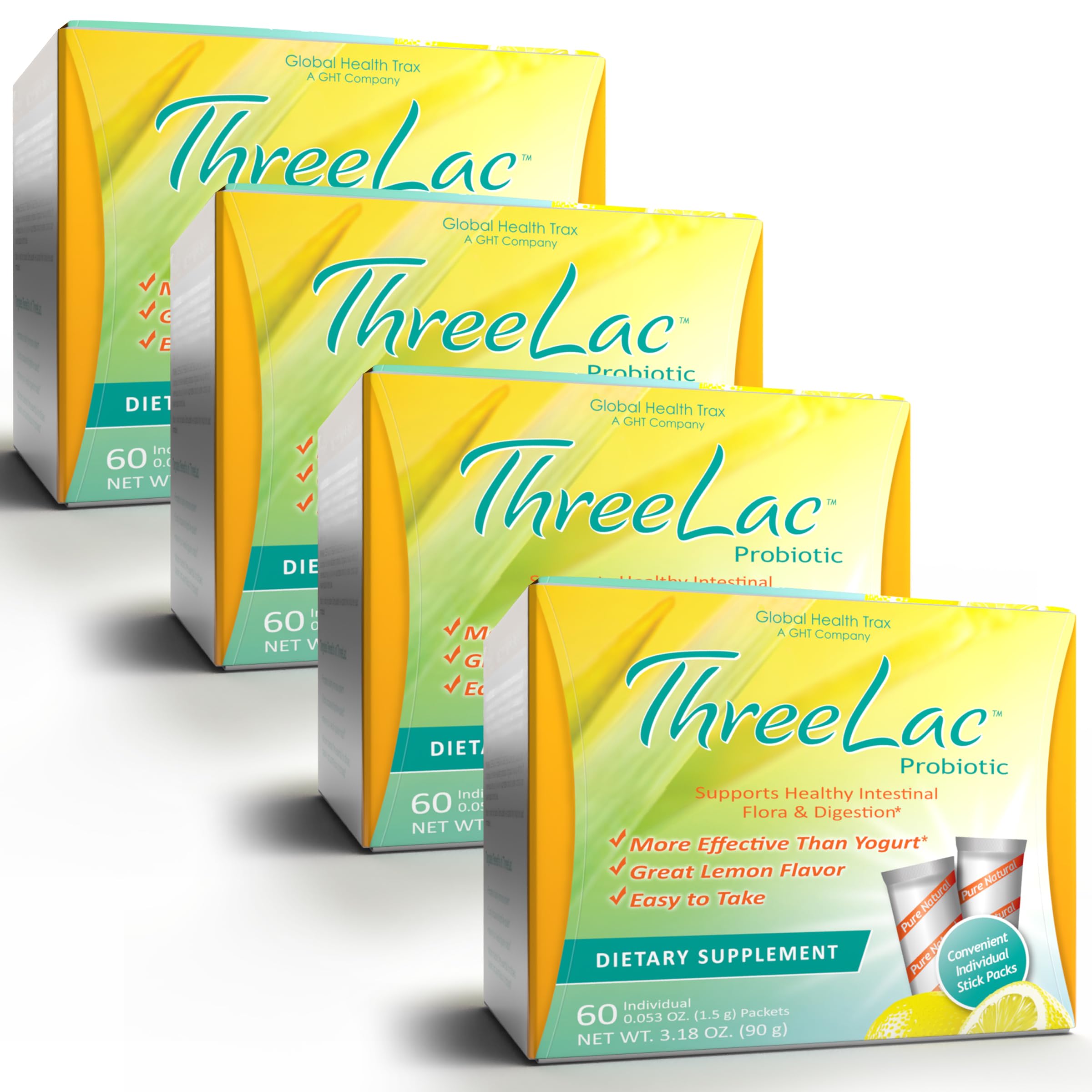 GHT - ThreeLac Lemon Probiotic Drink Mix for Digestive Health - Advanced Probiotic Powder Formula for Men, Women, and Kids - Immune Support & Gut Balance, Non-GMO - 240 Packets ght Global Health Trax Au supplements