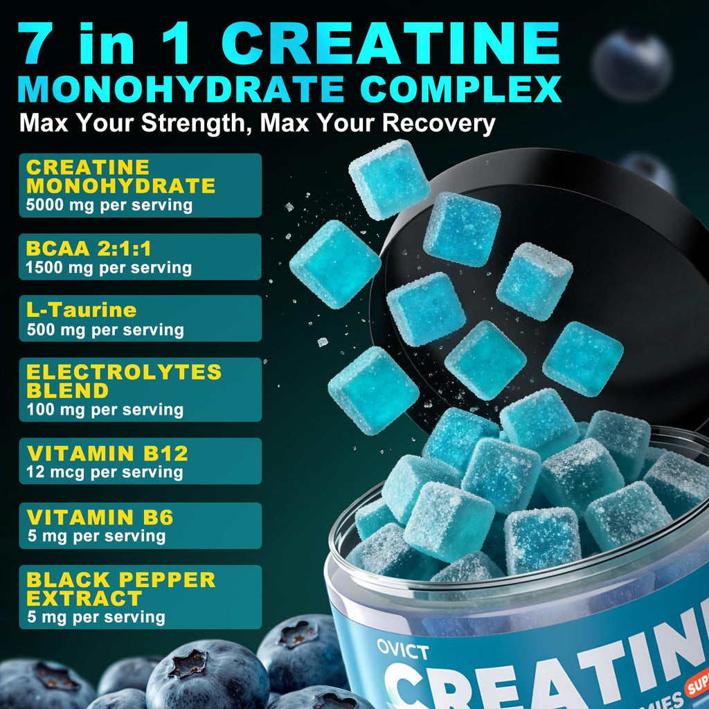 99.99% Creatine Monohydrate Gummies for Men Women 5g, 7-in-1 Pre-Workout Complex with BCAA, Taurine, B12/6 & Electrolytes, 6X Boost Energy, Muscle Strength & Recovery