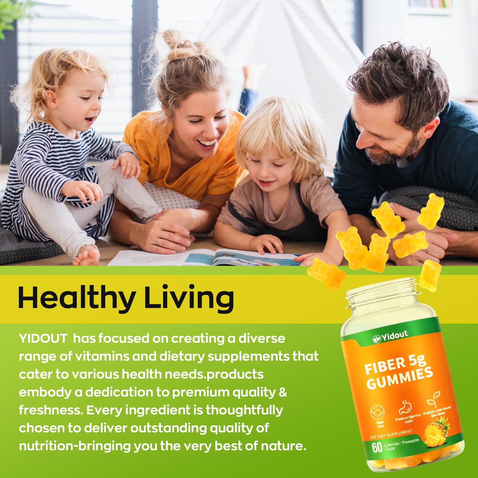 Yidout Fiber Gummies for Adults with Probiotics，No Sugar Added Pineapple Flavor, Promotes Gut Health and Regulate Bowel Movement, Vegan (60 Count（Pack of 1）)