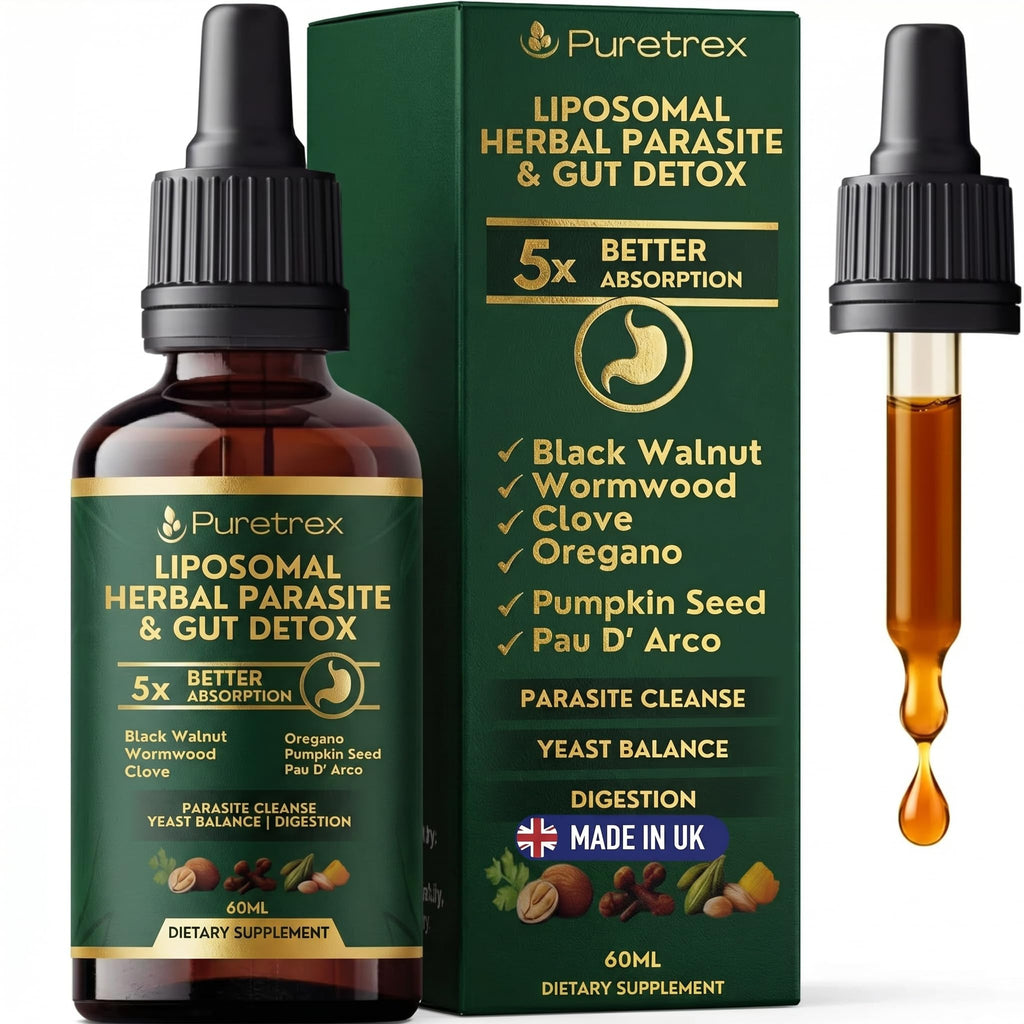 PURETREX Herbal Gut Detox & Cleanse Drops 2 fl oz, Liposomal Dewormer for Humans with Wormwood, Black Walnut, Clove, Pumpkin Seed, PAU D'Arco, Candida