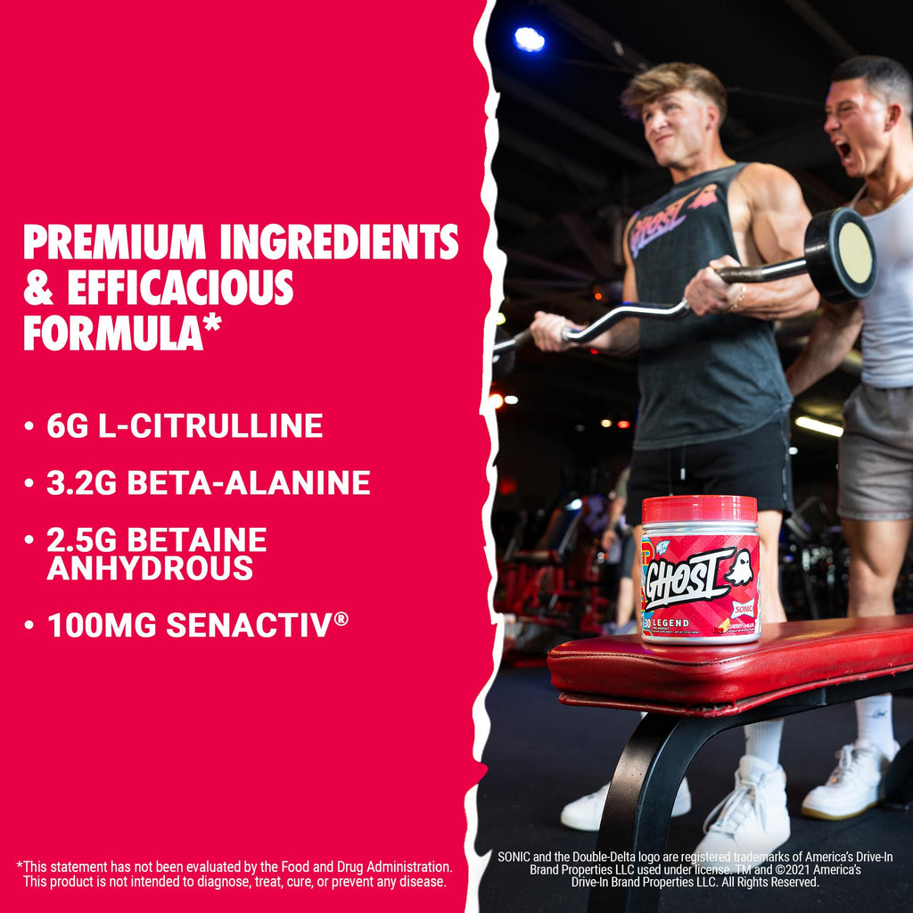 GHOST Legend Pre Workout Powder, Sonic Cherry Limeade - 30 Servings – Pre-Workout for Men & Women with Choline, L-Citrulline,