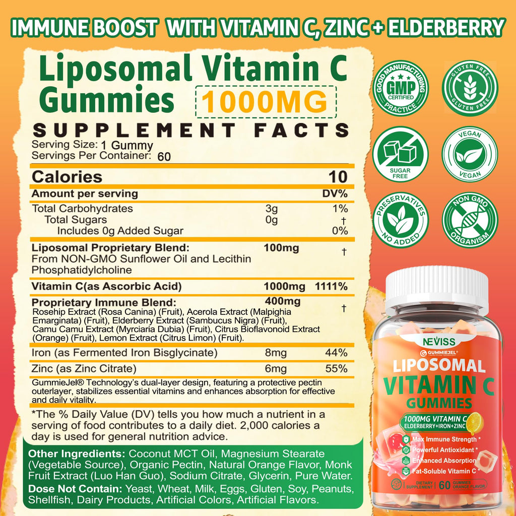 Liposomal Vitamin C 1000mg Gummies for Adults - Vitamin C Chewable with Elderberry, Zinc & 8mg Iron, Sugar Free Vit C Supplements, Daily Immune Support Gummies for Energy