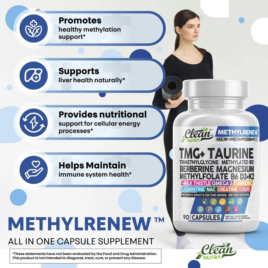 Clean Nutra TMG Supplements 1000mg | Methylated Multivitamin for Women Men | Taurine B6 Vitamins B12 D3 K2 Trimethylglycine Magnesium Clean Nutraceuticals Au supplements