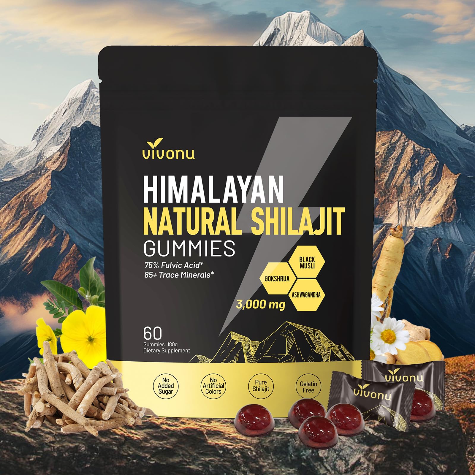 Himalayan9 Shilajit Gummies with Ashwagandha & Gokshura | 85+ Trace Minerals & Fulvic Acid | Organic, Non-GMO Micronutrient Supplement
