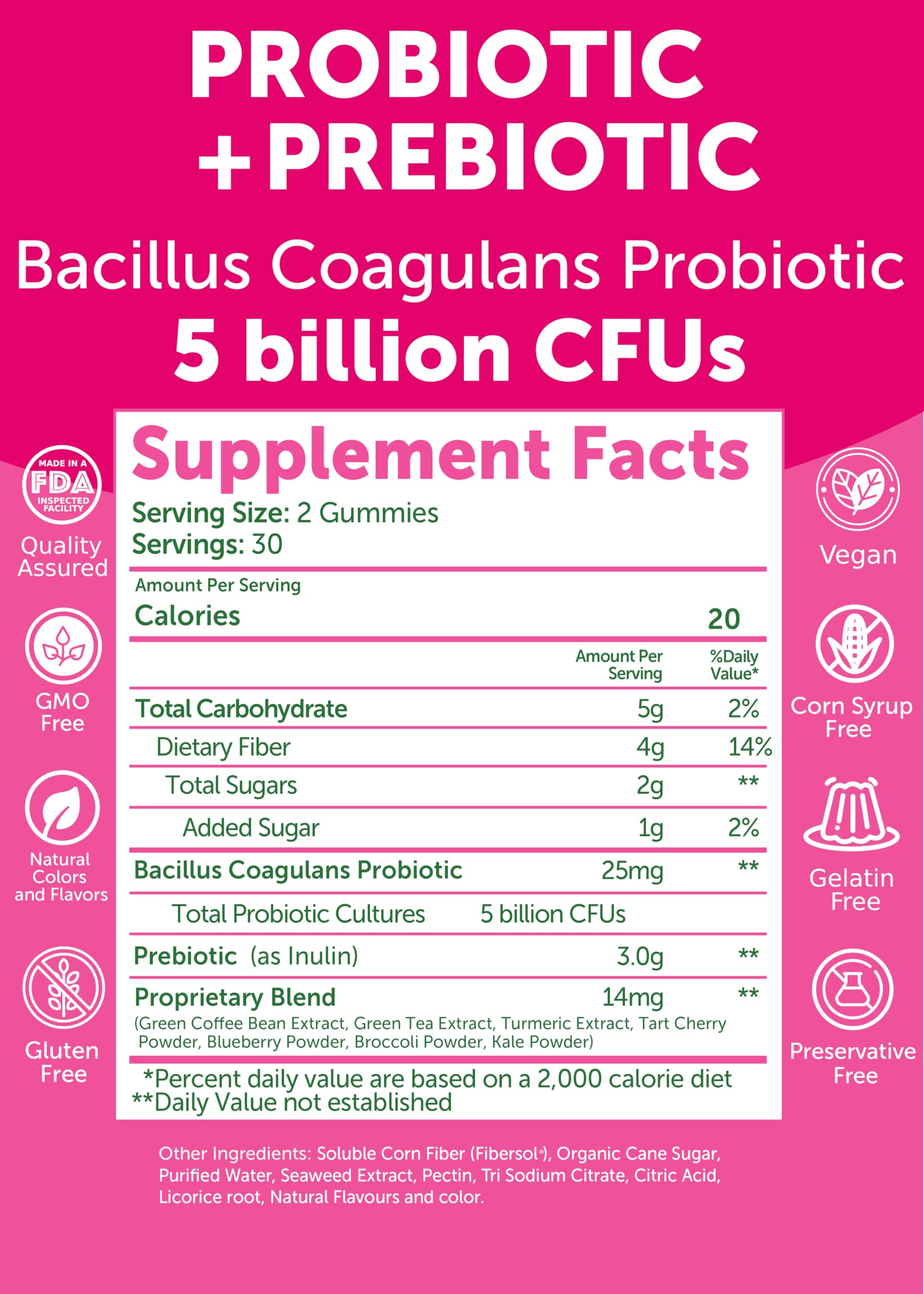 Lunakai USA Made Prebiotic + Probiotic Gummies for Women and Men - High Potency 5 Billion CFUs with Fibers