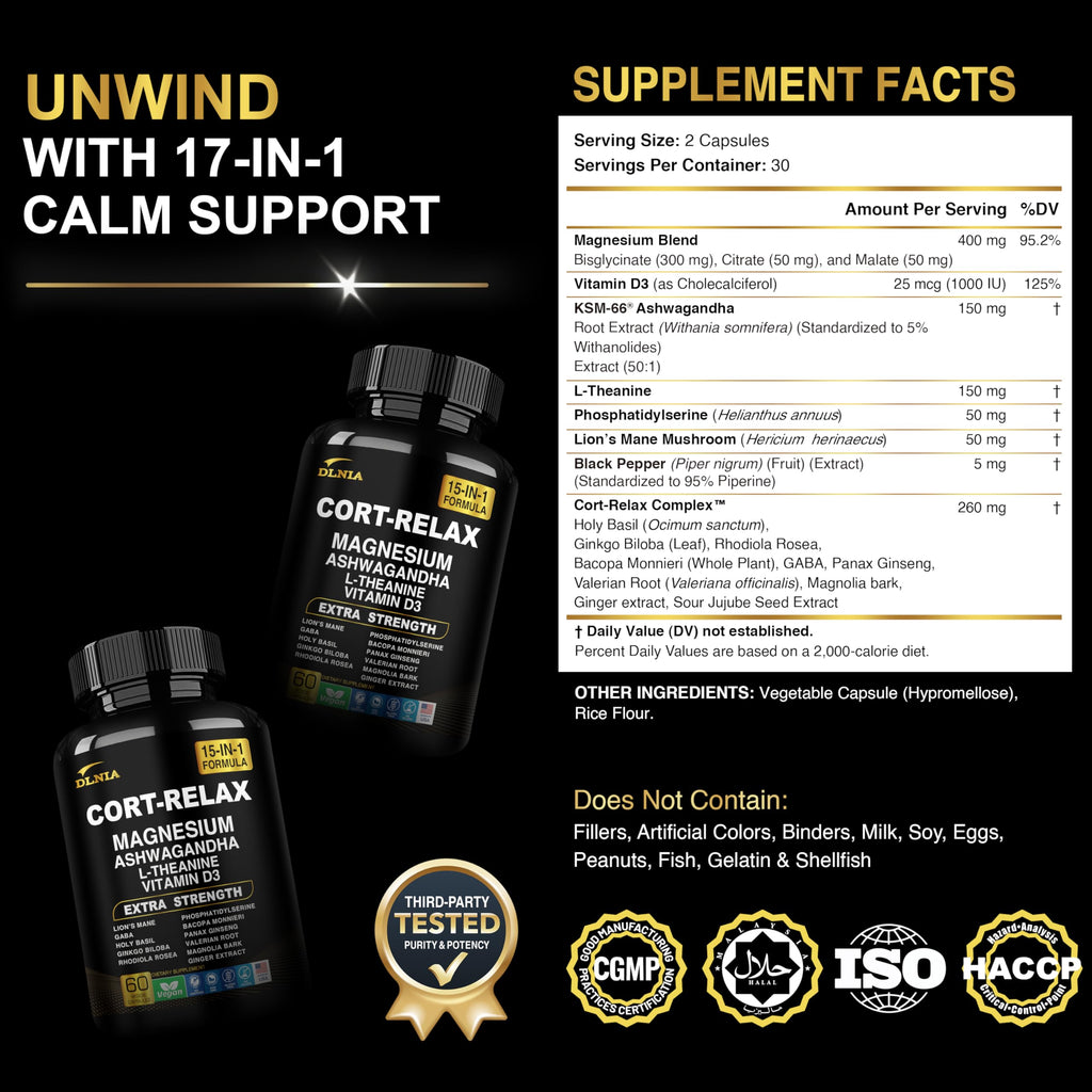 DLNIA Super Calm Cortisol Supplement with Magnesium Glycinate, Ashwagandha KSM-66, L-Theanine, Phosphatidylserine, Ginkgo Biloba & Lions Mane for Calm, Focus, Mental Clarity, Relaxation, Sleep, Energy DLNIA Au supplements