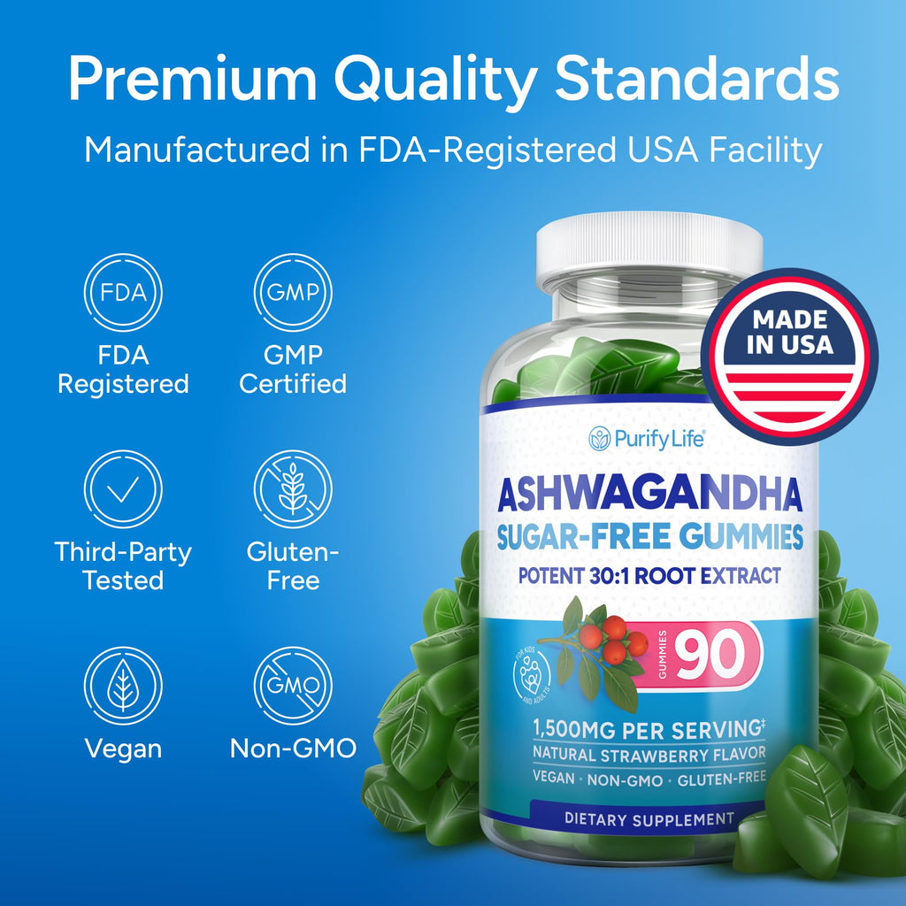 Sugar-Free Ashwagandha Gummies for Stress, Sleep & Mood Support - High-Potency 30:1 Ashwagandha Supplement Extract - Vegan Adaptogen Supplement for Women & Men, Natural Flavor, Plant-Based, 90 Gummies Purify Life Au supplements