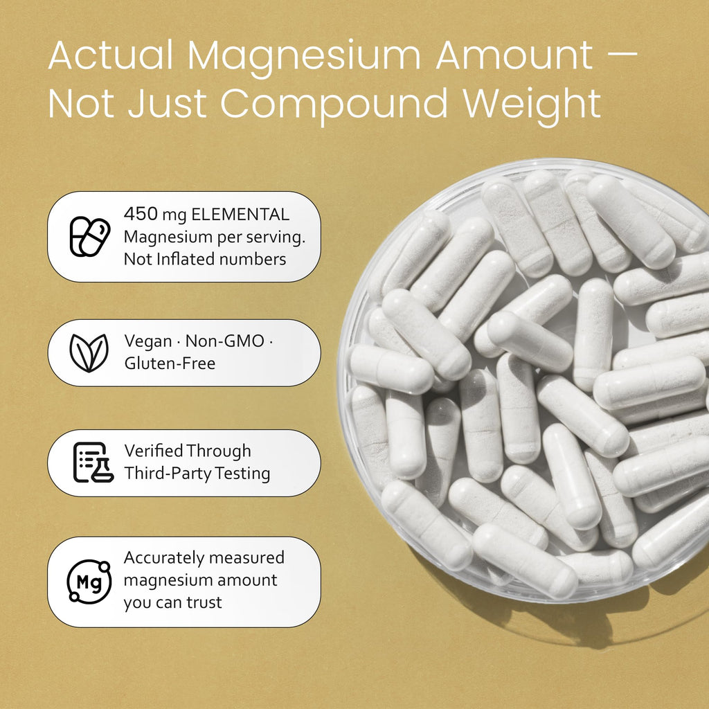 NaturaLife Labs Magnesium Glycinate - 450 mg per Serving – 120 Vegan Capsules - Non-GMO, Gluten-Free, Vegan