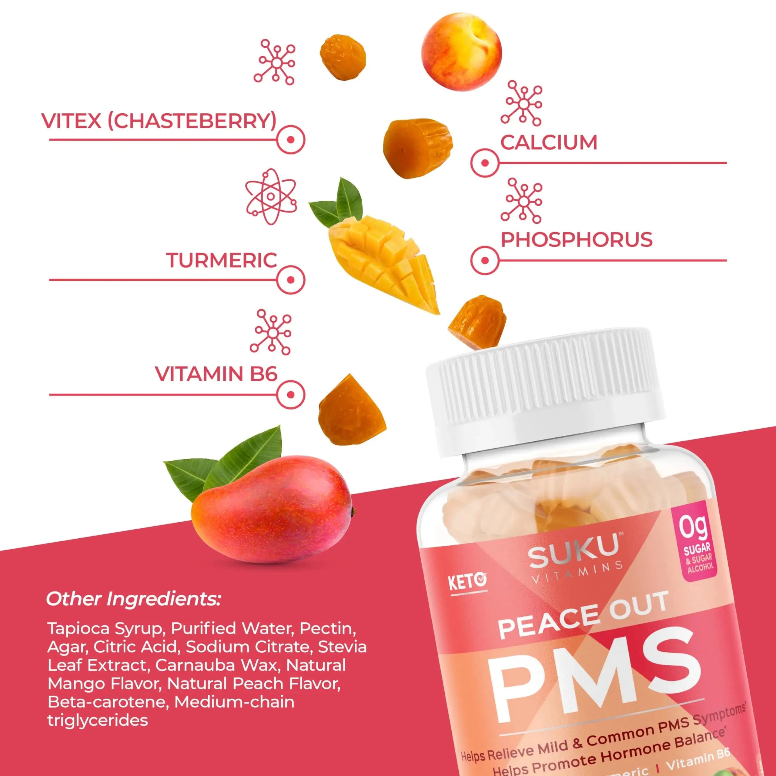 SUKU Vitamins - PMS Gummy Supplement with Chasteberry to Relieve PMS and Menopause Peach Mango Gummies (50 Count) SUKU Au supplements