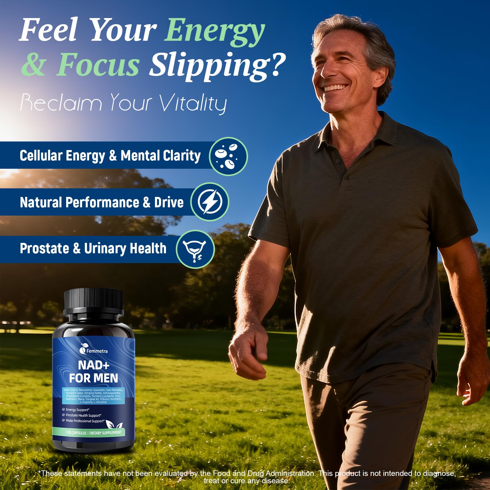 Femmetra NAD+ Supplements for Men with Saw Palmetto | All-in-One Cellular Energy, Prostate Support & Nitric Oxide Supplement with Resveratrol, L-Arginine | Non-GMO, 120 Capsules Femmetra Au supplements