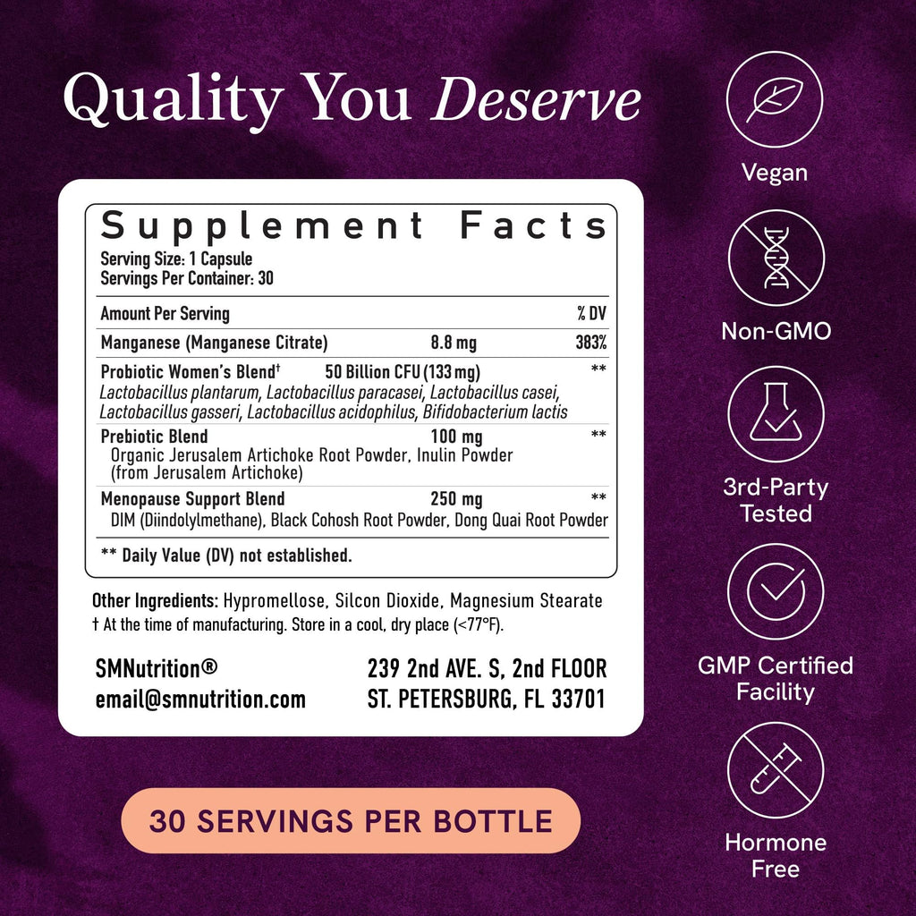Menopause Support with Prebiotics and Probiotics for Women | Hormone Balance, Hot Flashes & Night Sweats | 50 Billion CFU, DIM & Black Cohosh | Triple Action Menopause Supplements for Women | 30 Ct SMNutrition Au supplements