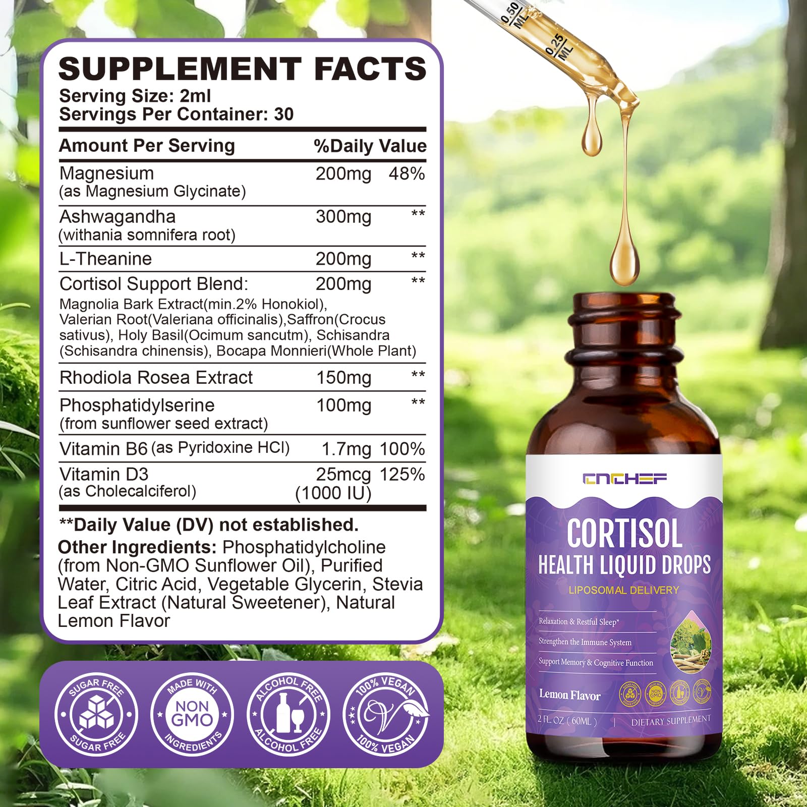 Cortisol Supplement Liquid Drops, Hormone Balance for Women Men Cortisol Detox with Magnesium Glycinate, L-Theanine, Rhodiola Rosea, Ashwagandha, Phosphatidylserine, Mood Focus, Sleep Support, 2 Fl Oz CNCHEF Au supplements