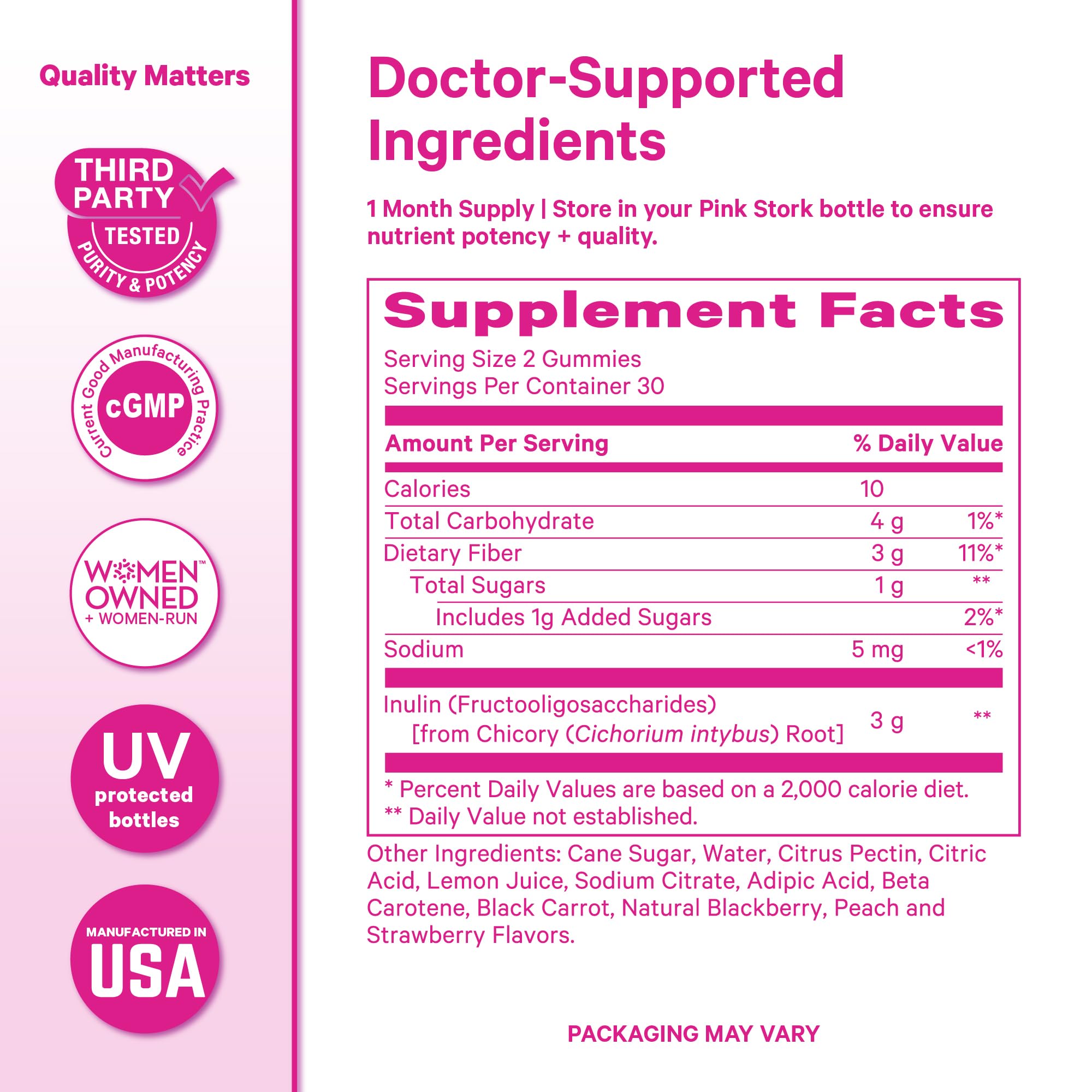 Pink Stork Prenatal Fiber Gummies for Women - 3g Prebiotic Inulin from Chicory Root - Natural Pregnancy & Postpartum Stool Softeners