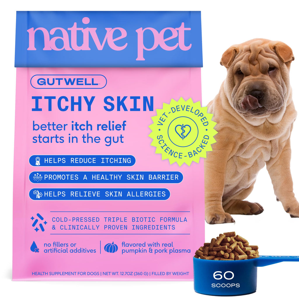 GutWell Itchy Skin - Dog Itching Skin Relief & Seasonal Allergy Itch Relief for Dogs - Promotes Skin Hydration, Elasticity & Healthy Barrier with Triple-biotic Blend, Zinc, & Vitamin E - 60 Scoops Native Pet Au supplements