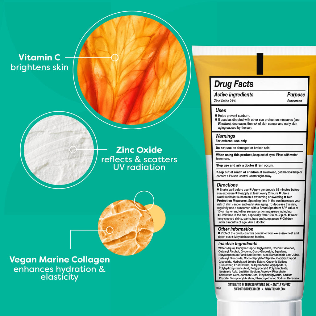 TruSkin Mineral Sunscreen SPF 30 for Face - Zinc Oxide Broad Spectrum Protection with Squalane, Vitamin C & Marine Collagen
