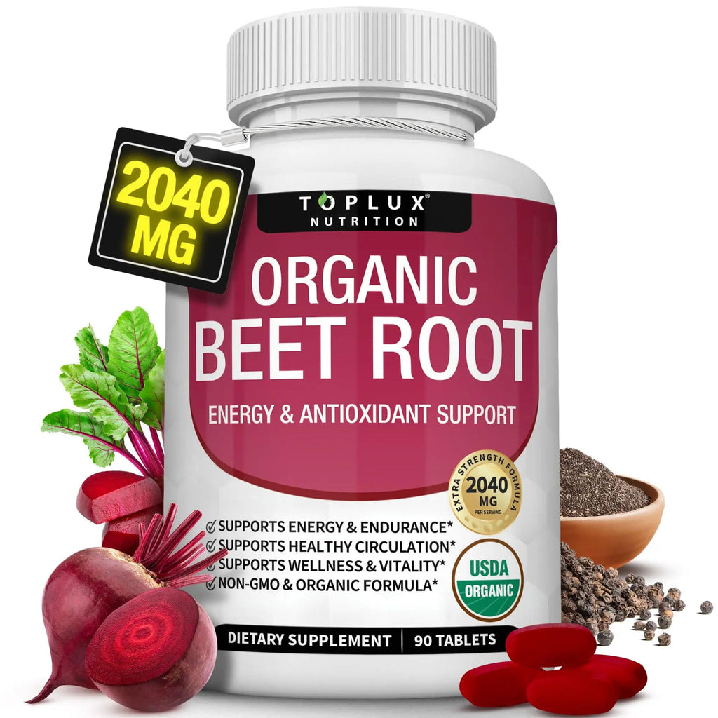 Organic Beet Root Powder Tablets - 2040mg Natural Nitric Oxide Beets to Support, Energy Toplux Au supplements