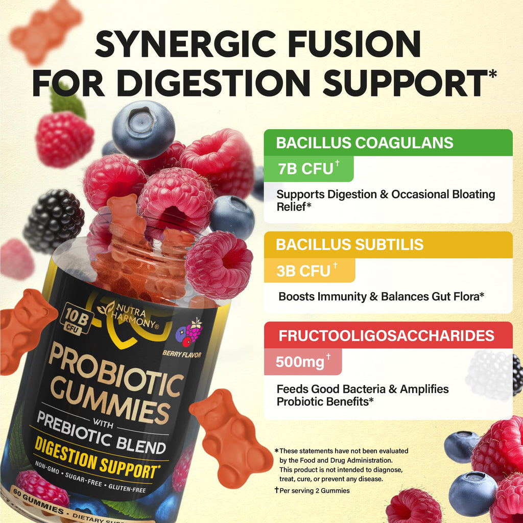 Probiotic Gummies 10B CFU with Prebiotic Fiber - Digestion & Immune Support - Debloat, Stomach & Gut Comfort - Probiotics for Women & Men - Natural Berry Flavor - Vegan & Sugar-free - 60 Gummies NUTRAHARMONY Au supplements