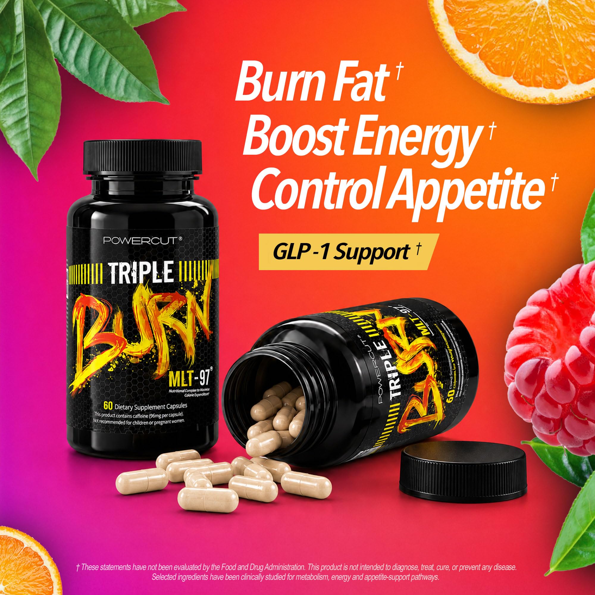 Triple Burn  Pills for Women & Men, Fat Burner GLP-1 Support, Appetite Suppressant, Diet Pills with Green Coffee Extract & Cayenne (60 Capsules)