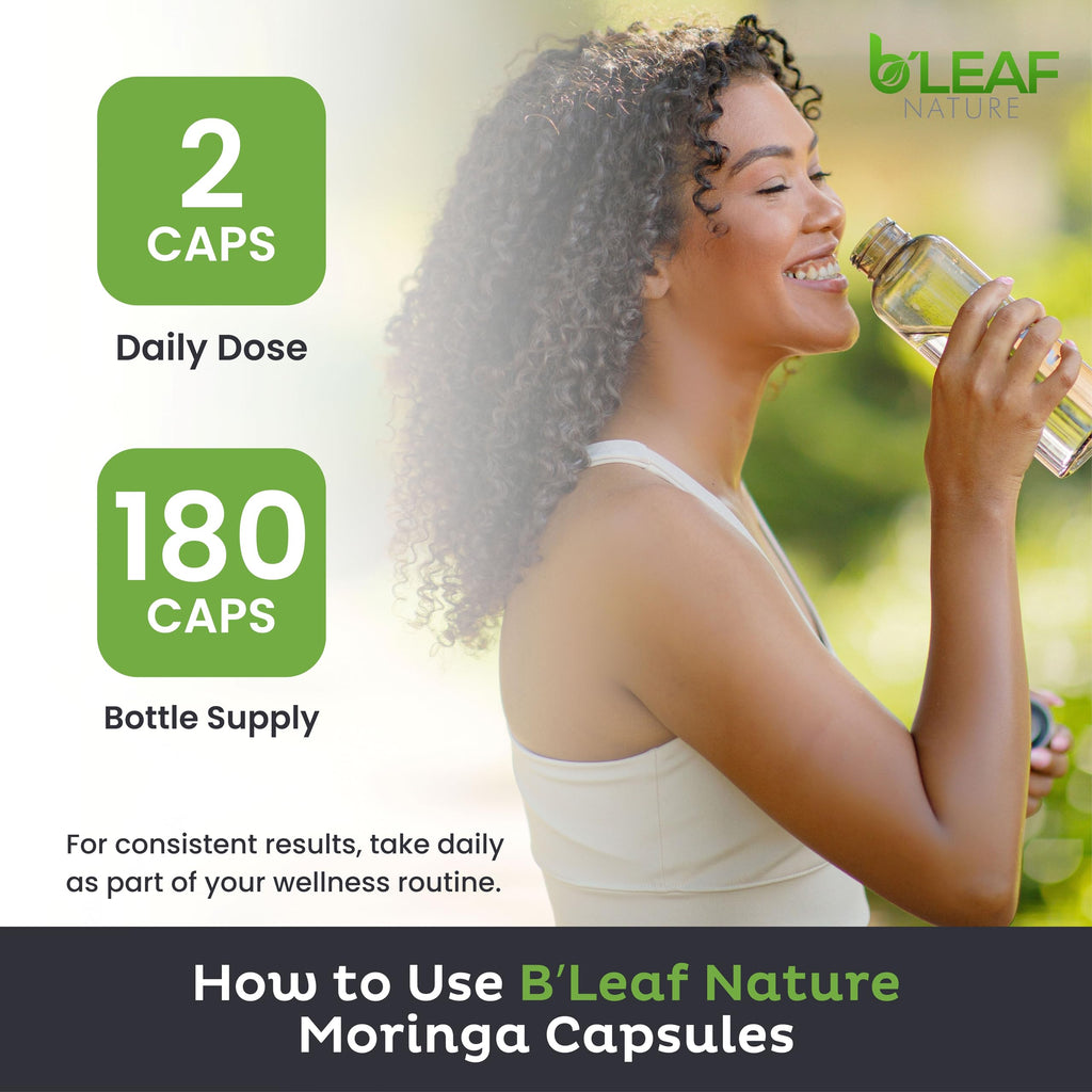 B'Leaf Nature Moringa Capsules Organic 1000mg — Pure Moringa Oleifera Leaf Powder Capsules for Energy & Immune Support