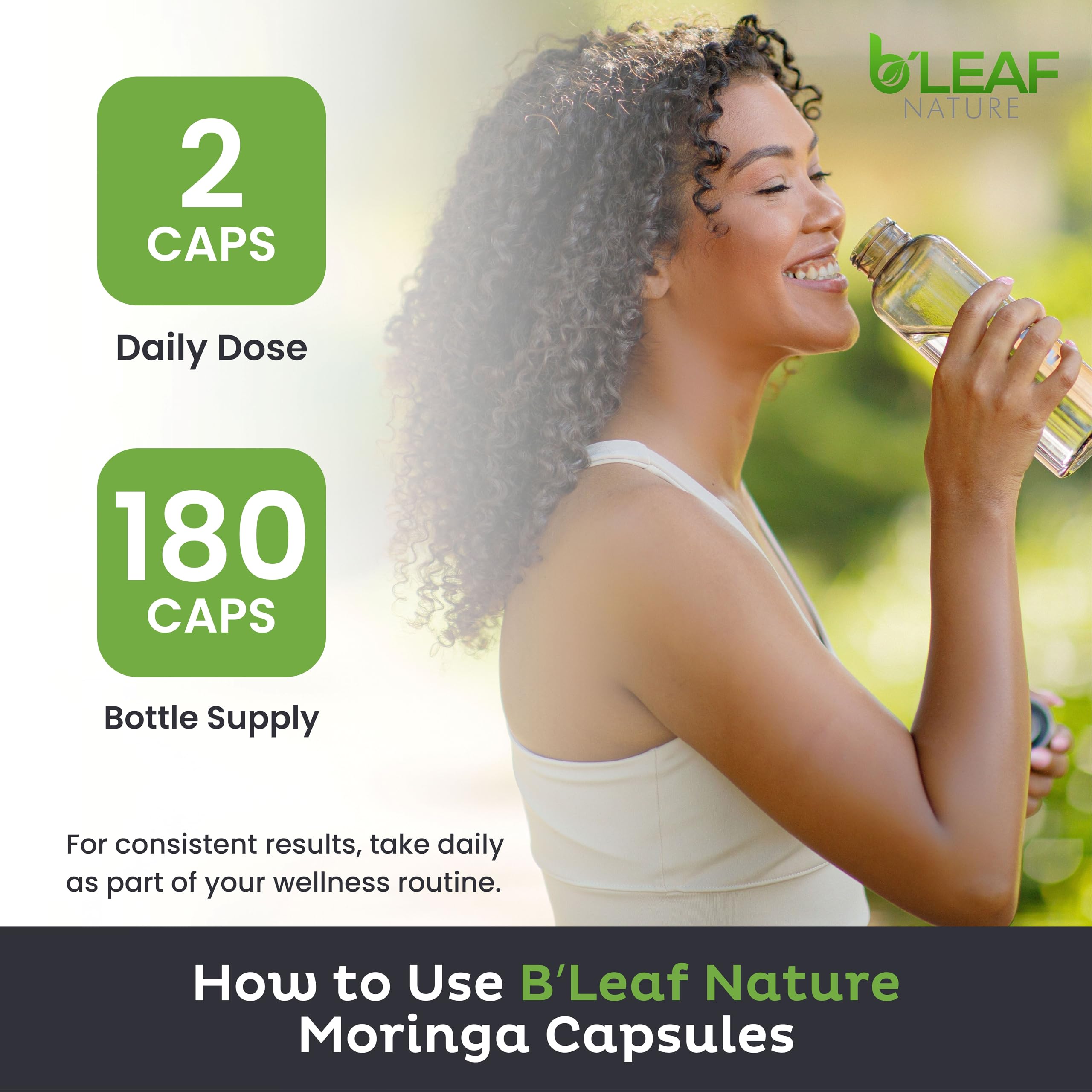 B'Leaf Nature Moringa Capsules Organic 1000mg — Pure Moringa Oleifera Leaf Powder Capsules for Energy & Immune Support