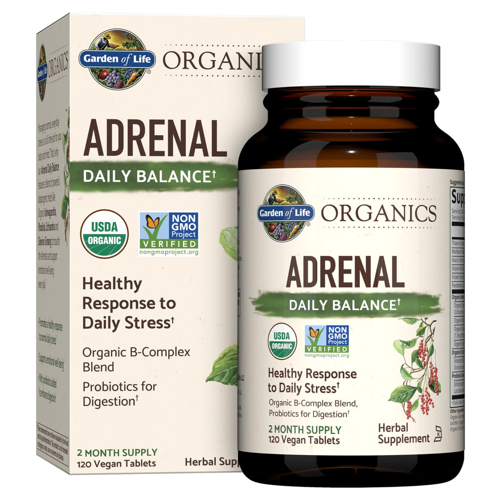 Garden of Life Organics Adrenal Daily Balance, Adaptogenic Herbs Ashwagandha, Holy Basil, B Complex & Probiotics, Organic Non-GMO, Vegan, Gluten Free Supplement, Two Month Supply, 120 Tablets Garden of Life Au supplements