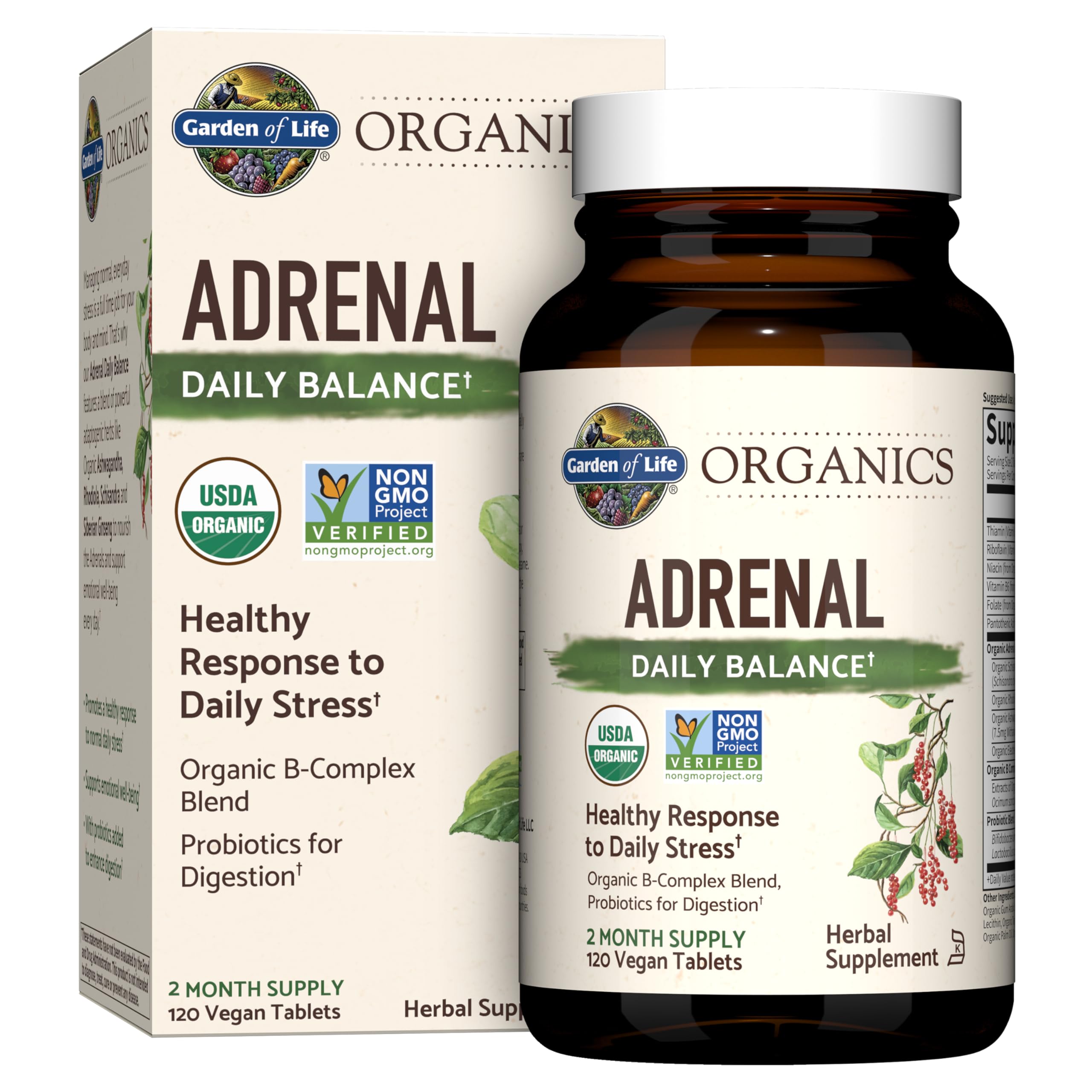 Garden of Life Organics Adrenal Daily Balance, Adaptogenic Herbs Ashwagandha, Holy Basil, B Complex & Probiotics, Organic Non-GMO, Vegan, Gluten Free Supplement, Two Month Supply, 120 Tablets Garden of Life Au supplements