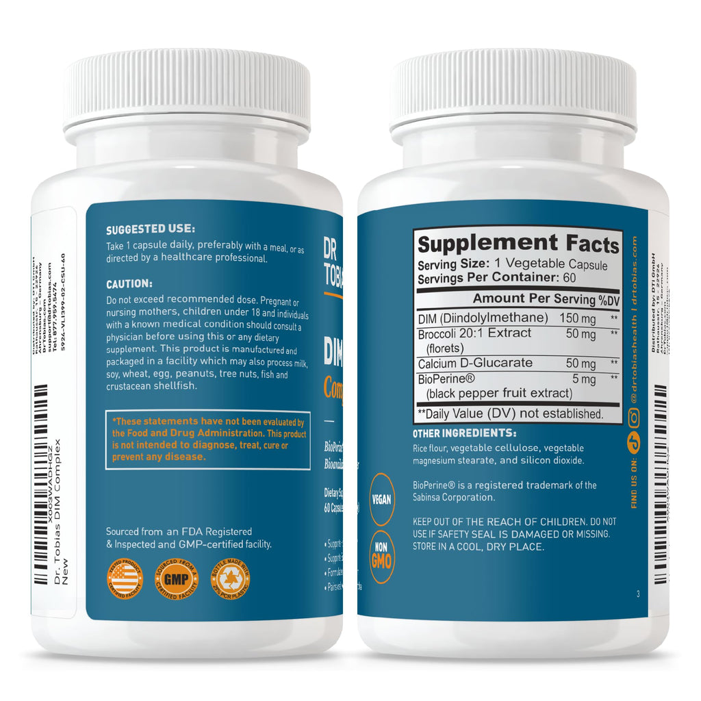 Dr. Tobias DIM Complex, Hormone Balance for Women & Men, DIM Supplement with BioPerine, Broccoli Extract & Calcium D-Glucarate Estrogen Detox Balance Complex, Non-GMO, Vegan, 60 Capsules Dr. Tobias Au supplements