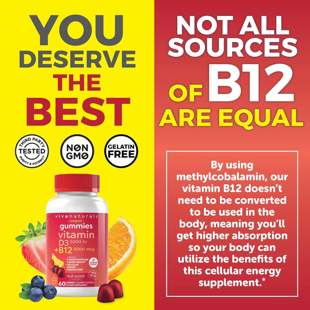 Viva Naturals Plant-Based B12 Gummies with Vitamin D3 - Chewable 5000mcg B12 Viva Naturals Au supplements