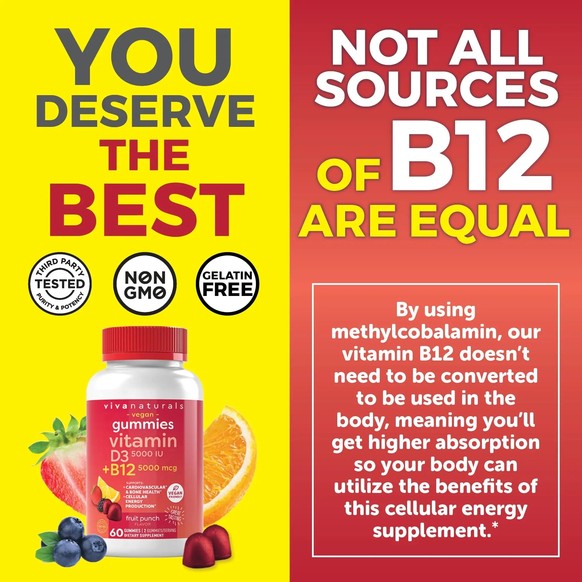 Viva Naturals Plant-Based B12 Gummies with Vitamin D3 - Chewable 5000mcg B12 Viva Naturals Au supplements