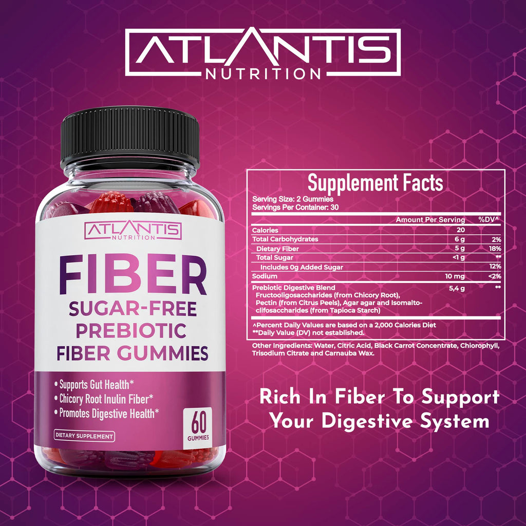 Atlantis Nutrition Sugar Free Fiber Gummies for Adults - 5G Fiber Supplement Formulated with 5.4G Prebiotic Digestive Blend/Serving - Supports Gut Health & Healthy Digestion