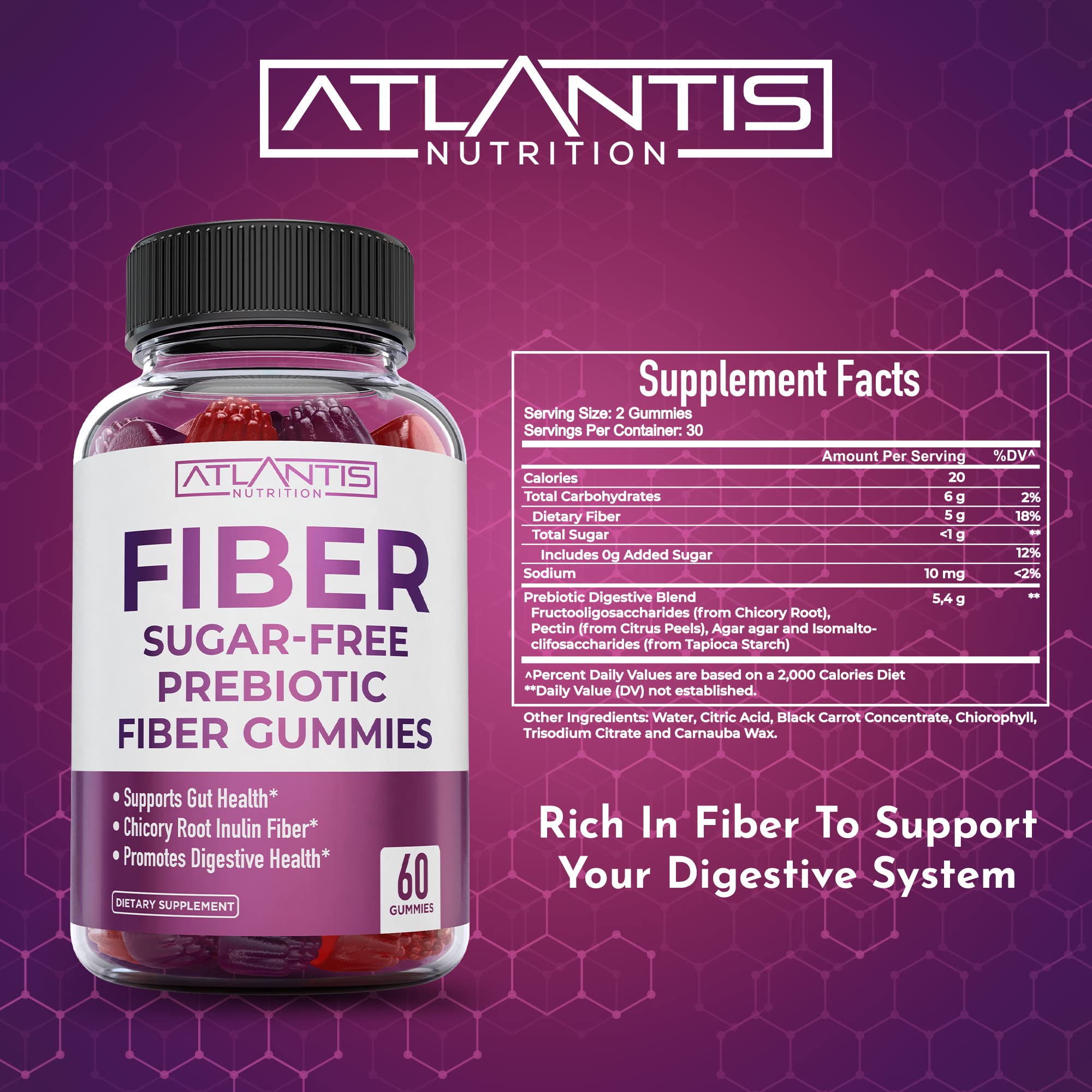 Atlantis Nutrition Sugar Free Fiber Gummies for Adults - 5G Fiber Supplement Formulated with 5.4G Prebiotic Digestive Blend/Serving - Supports Gut Health & Healthy Digestion