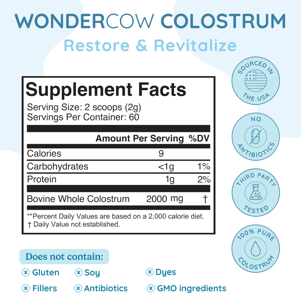 WONDERCOW Colostrum Supplement Powder for Gut Health, Immune Support & Wellness | Natural IgG Pure Whole Bovine Colostrum Superfood