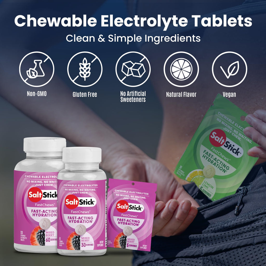 SaltStick Electrolyte FastChews - 60 Mixed Berry Chewable Tablets - Salt Tablets for Running and Hydration, Electrolyte Chews - 60 Count Bottle