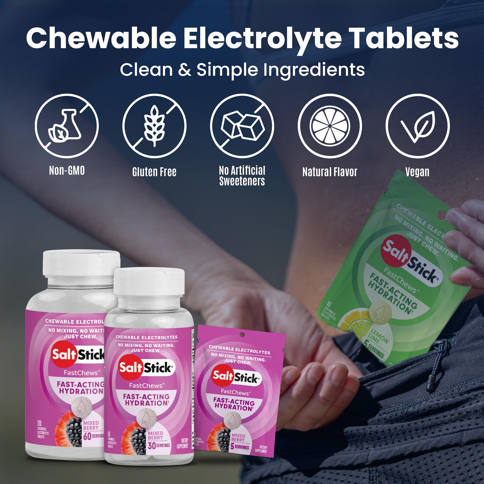 SaltStick Electrolyte FastChews - 60 Mixed Berry Chewable Tablets - Salt Tablets for Running and Hydration, Electrolyte Chews - 60 Count Bottle