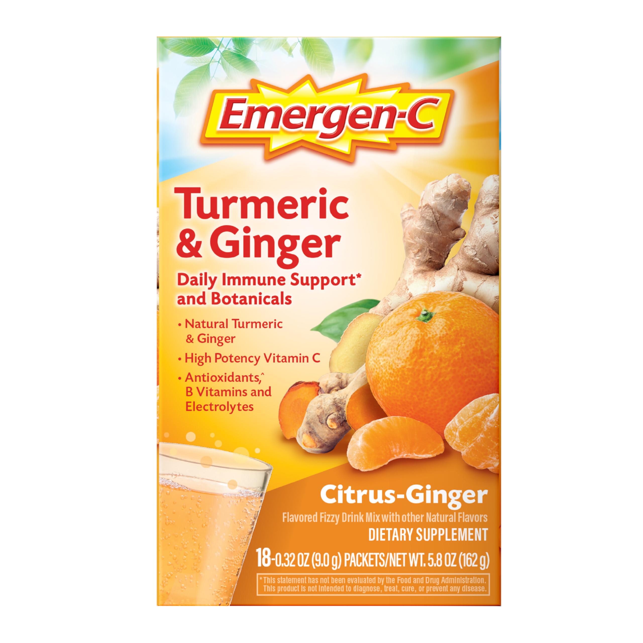 Emergen-C Citrus-Ginger Fizzy Drink Mix, Turmeric and Ginger, Immune Support, Natural Flavors