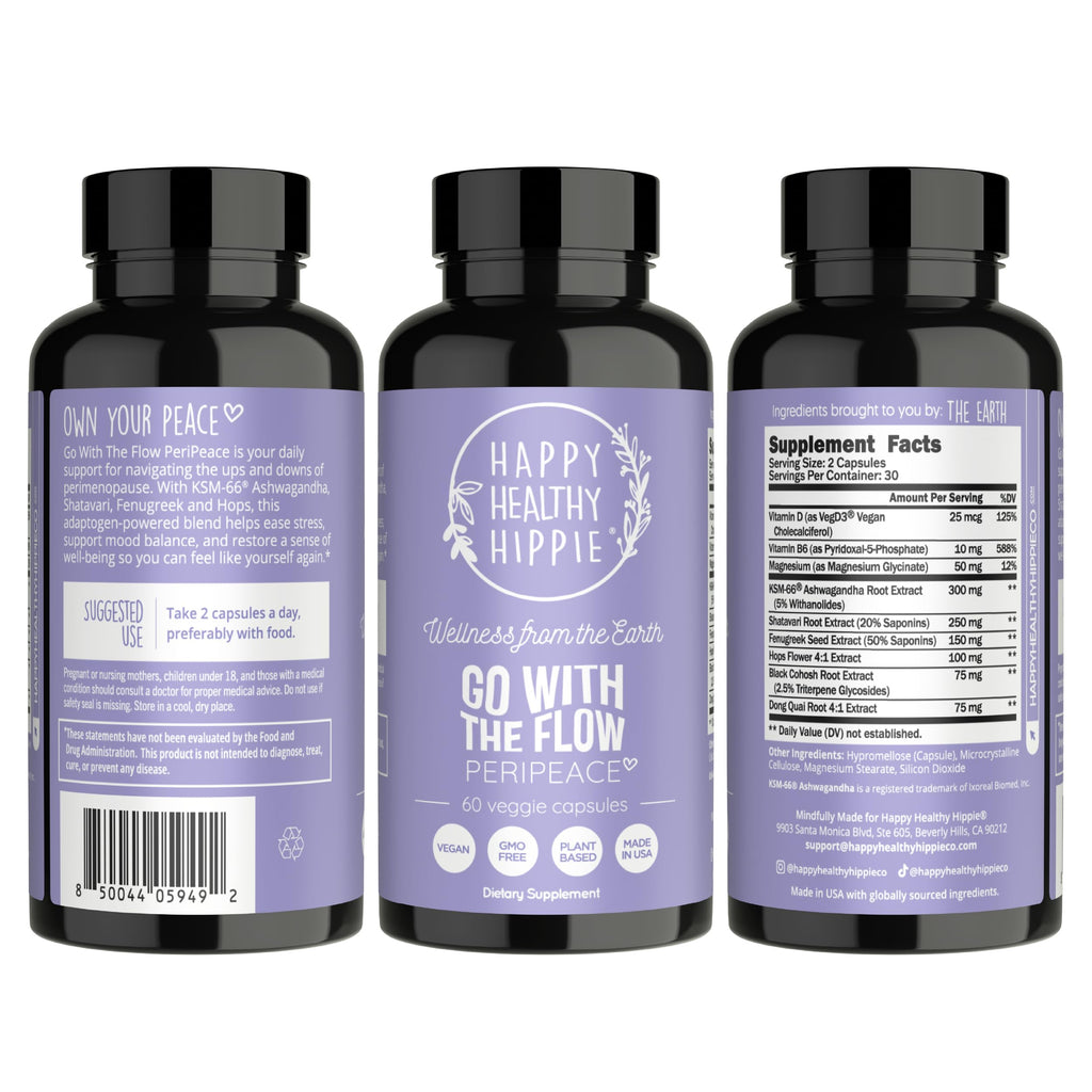 Perimenopause Supplements for Women | Hot Flash, Night Sweat, Mood & Sleep Support | Vegan Hormone Balance Capsules with KSM-66 Ashwagandha, Shatavari & Black Cohosh | Estrogen-Free, 60ct Happy Healthy Hippie Au supplements