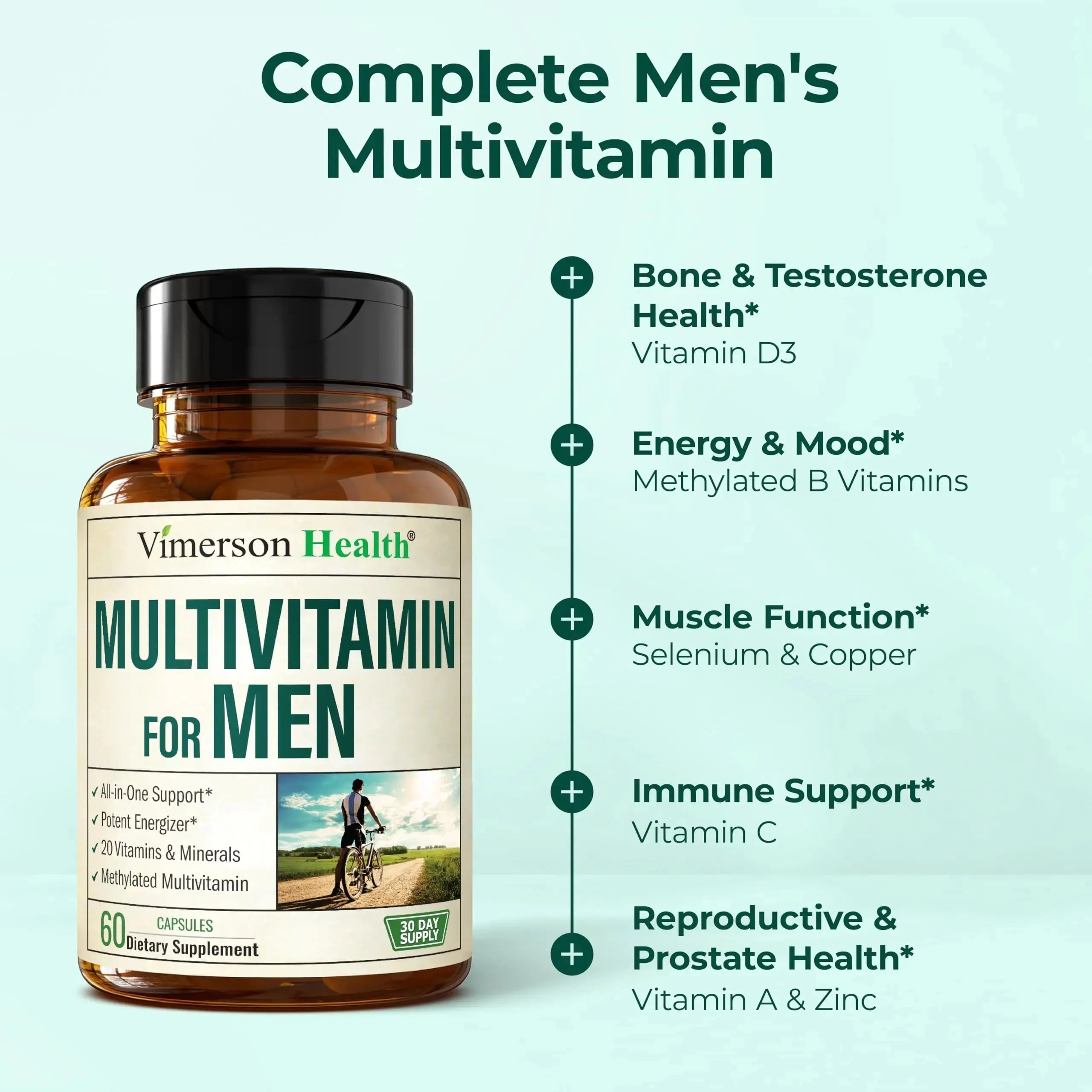 Methylated Multivitamin for Men with Bioavailable Vitamins, Chelated Minerals, Vitamin D, B12, C, A & Zinc for Energy, Focus and Immune Health Vimerson Health Au supplements